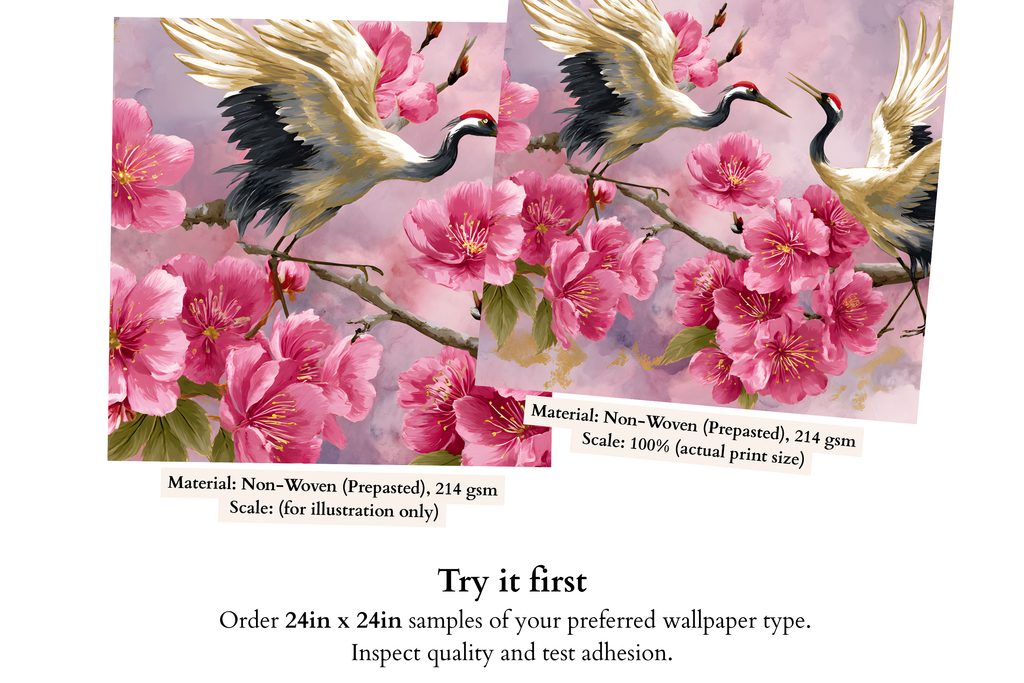 Japanese Crane and Cherry Blossom Wall Mural Pink Watercolor Peel and Stick Wallpaper