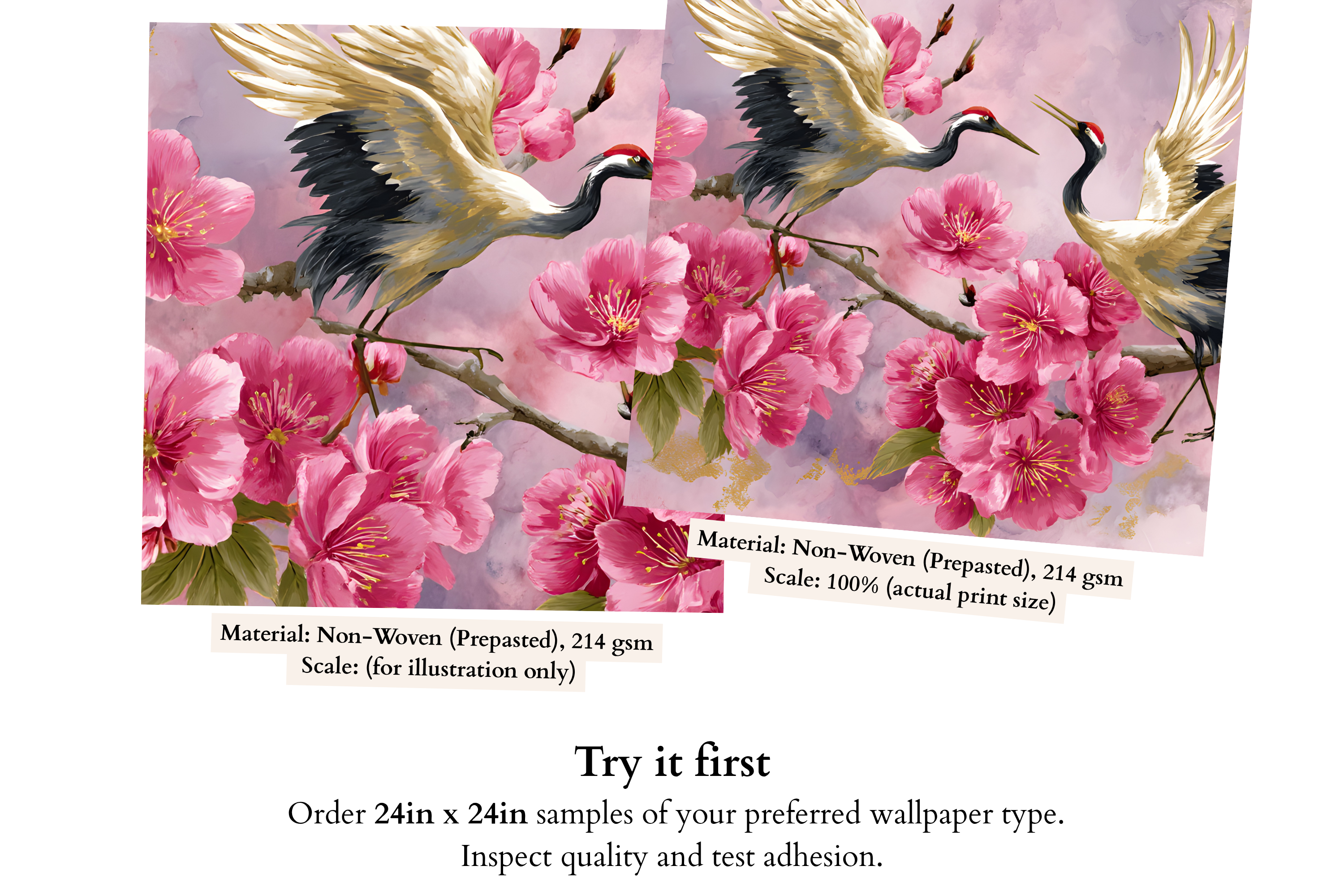 Japanese Crane and Cherry Blossom Wall Mural Pink Watercolor Peel and Stick Wallpaper