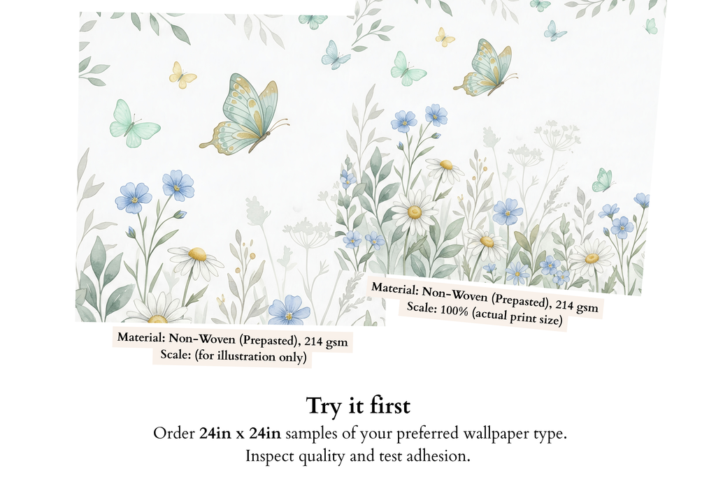 Butterfly Garden Wall Mural | Daisy and Forget-Me-Not Watercolour Peel and Stick Nursery Wallpaper