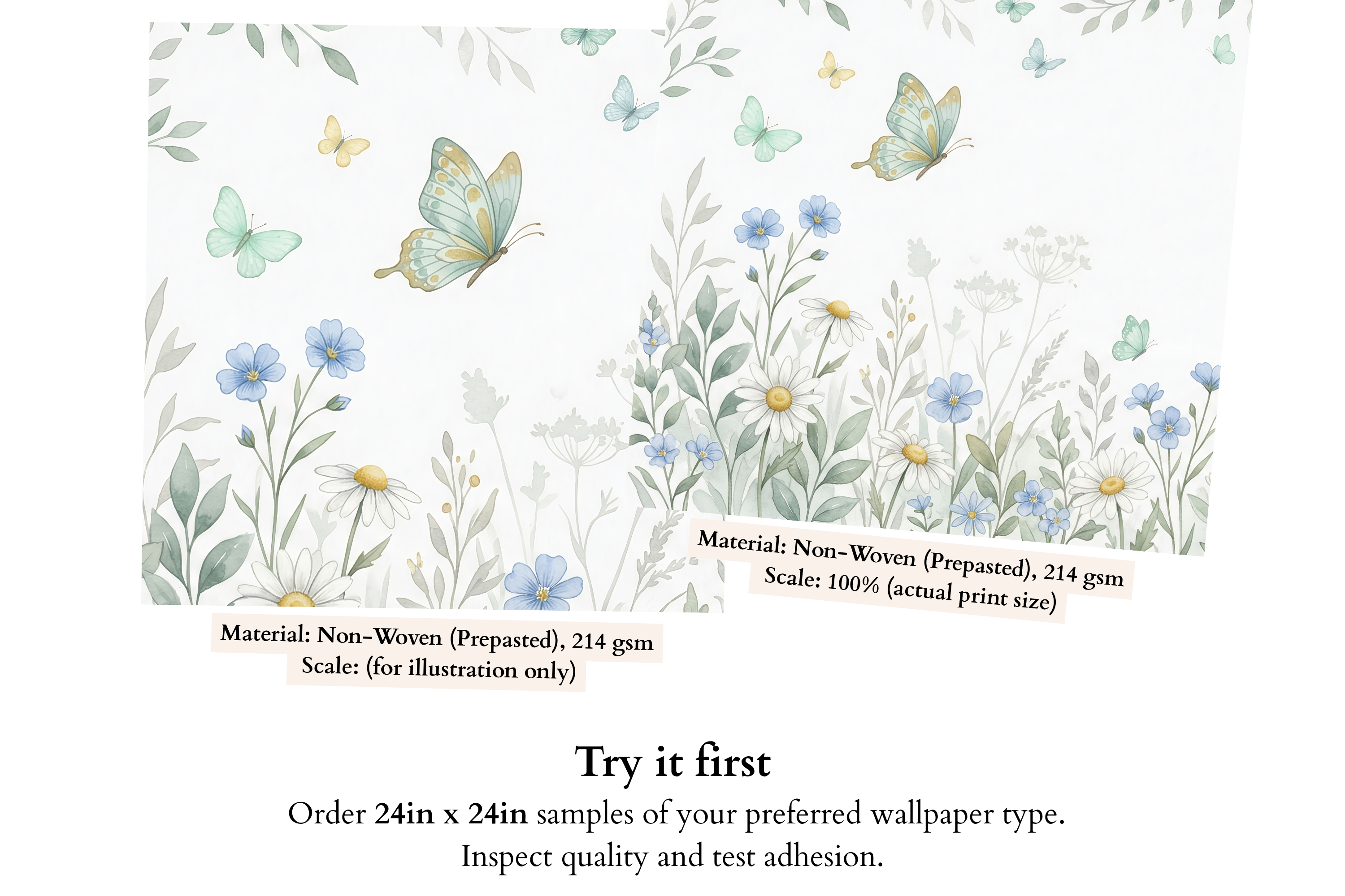 Butterfly Garden Wall Mural | Daisy and Forget-Me-Not Watercolour Peel and Stick Nursery Wallpaper