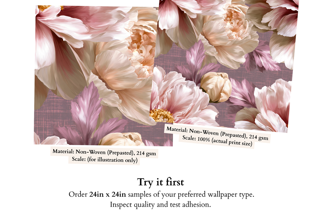 Close-up detail of large ivory cream peony bloom with layered silk-soft petals and blush pink surrounding blooms on oversized floral wallpaper — high-definition painterly print by WallpaperPixi
