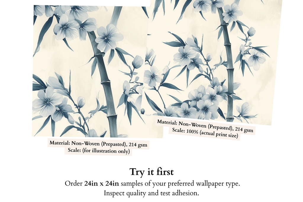 Blue and White Chinoiserie Wall Mural | Bamboo Blossom Watercolour Peel and Stick Wallpaper