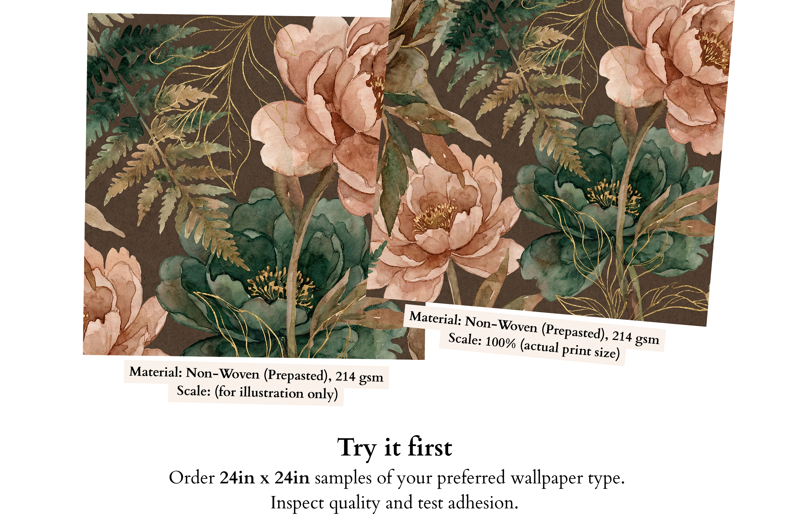 Dark Peony & Fern Wall Mural with Gold Accents - Moody Luxury Watercolor Wallpaper