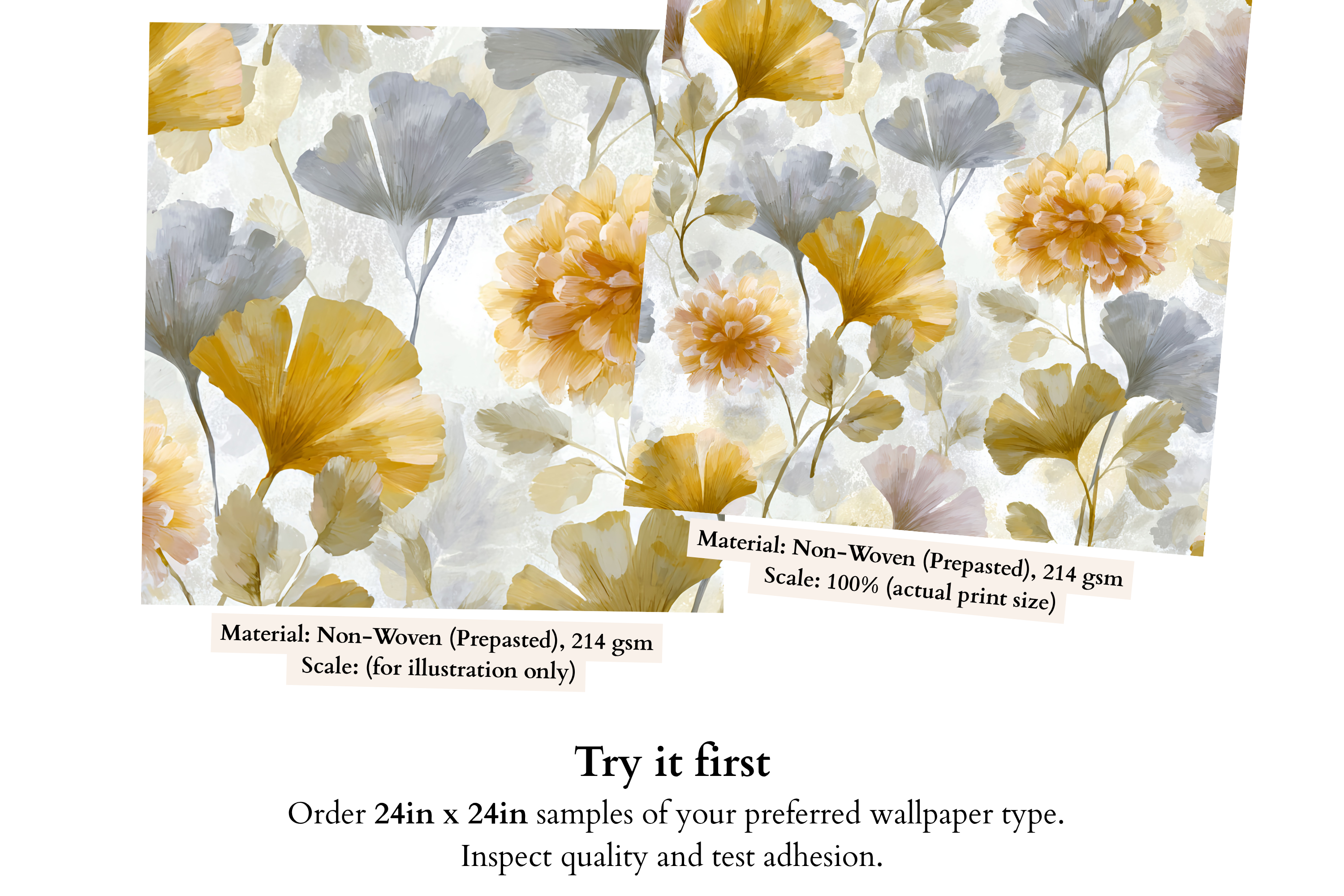Close-up detail of softly painted golden ginkgo leaf and amber chrysanthemum bloom with layered grey watercolour wash on neutral botanical wallpaper — high-definition fade-resistant print by WallpaperPixi