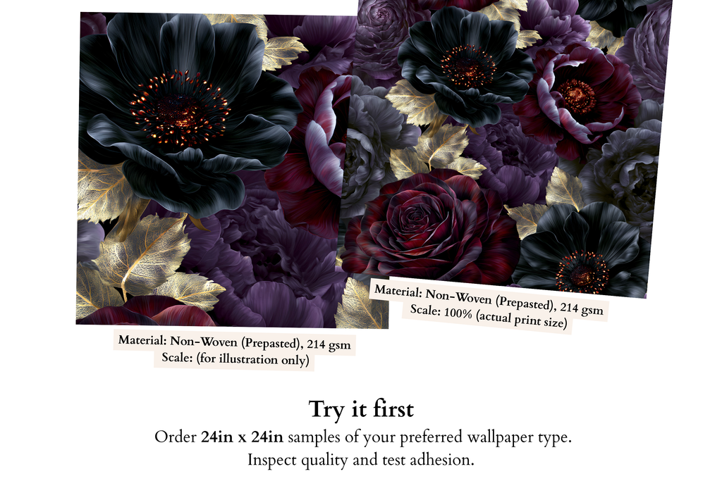 Close-up detail of black anemone with glowing ember centre and gold skeletal leaf on dark gothic floral wallpaper — high-definition photographic depth fade-resistant print by WallpaperPixi