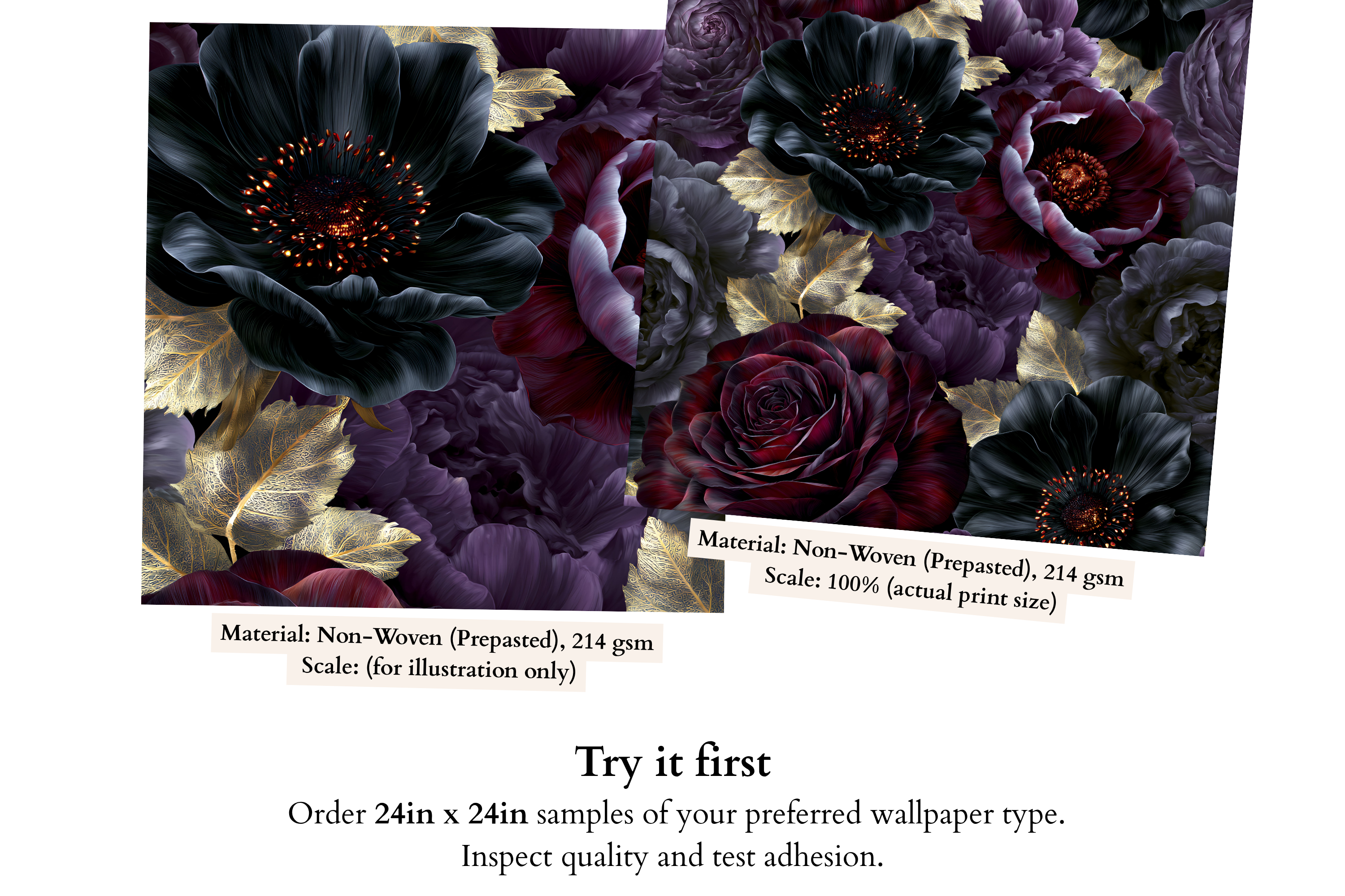Close-up detail of black anemone with glowing ember centre and gold skeletal leaf on dark gothic floral wallpaper — high-definition photographic depth fade-resistant print by WallpaperPixi