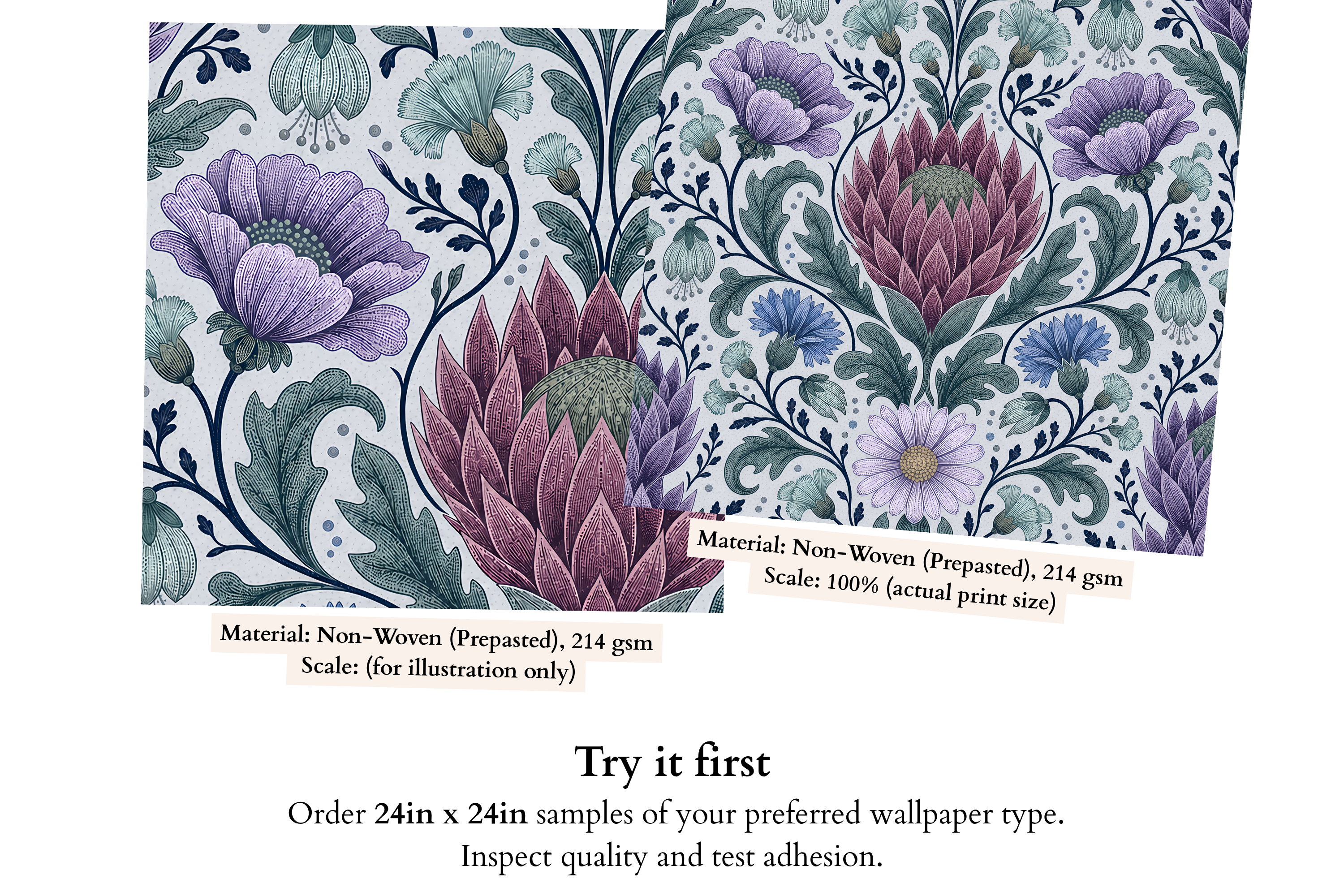Close-up detail of dusty mauve protea bloom, violet cosmos flower, and teal acanthus scroll on purple botanical damask wallpaper — high-definition fade-resistant print by WallpaperPixi