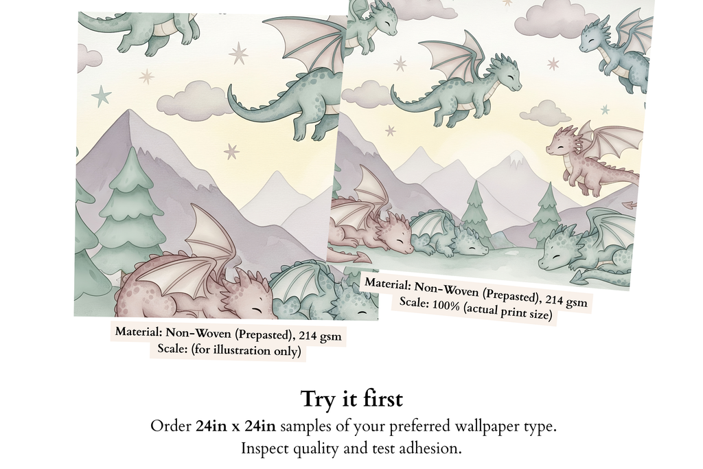 Pastel Baby Dragon Nursery Wall Mural | Whimsical Dragon Woodland Peel and Stick Wallpaper