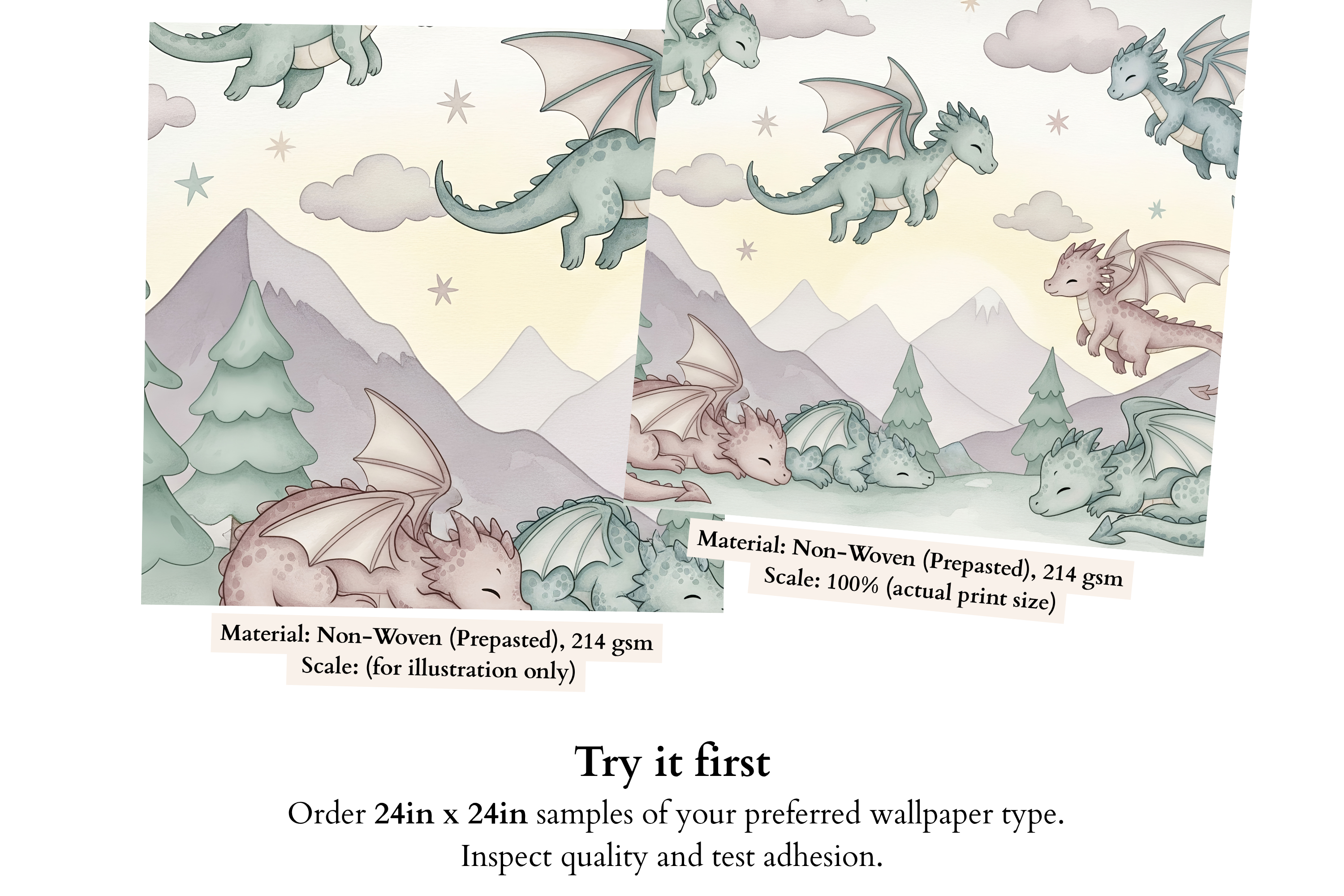 Pastel Baby Dragon Nursery Wall Mural | Whimsical Dragon Woodland Peel and Stick Wallpaper