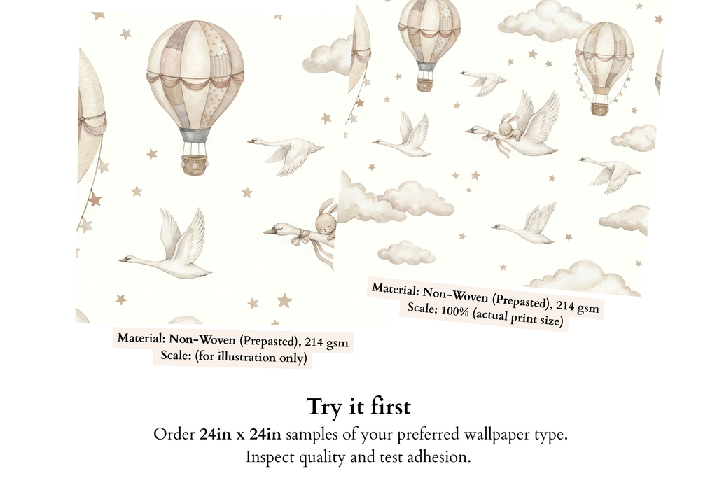 Neutral Nursery Wall Mural Swan Hot Air Balloon Bunny Watercolour Peel and Stick Wallpaper for Baby Room