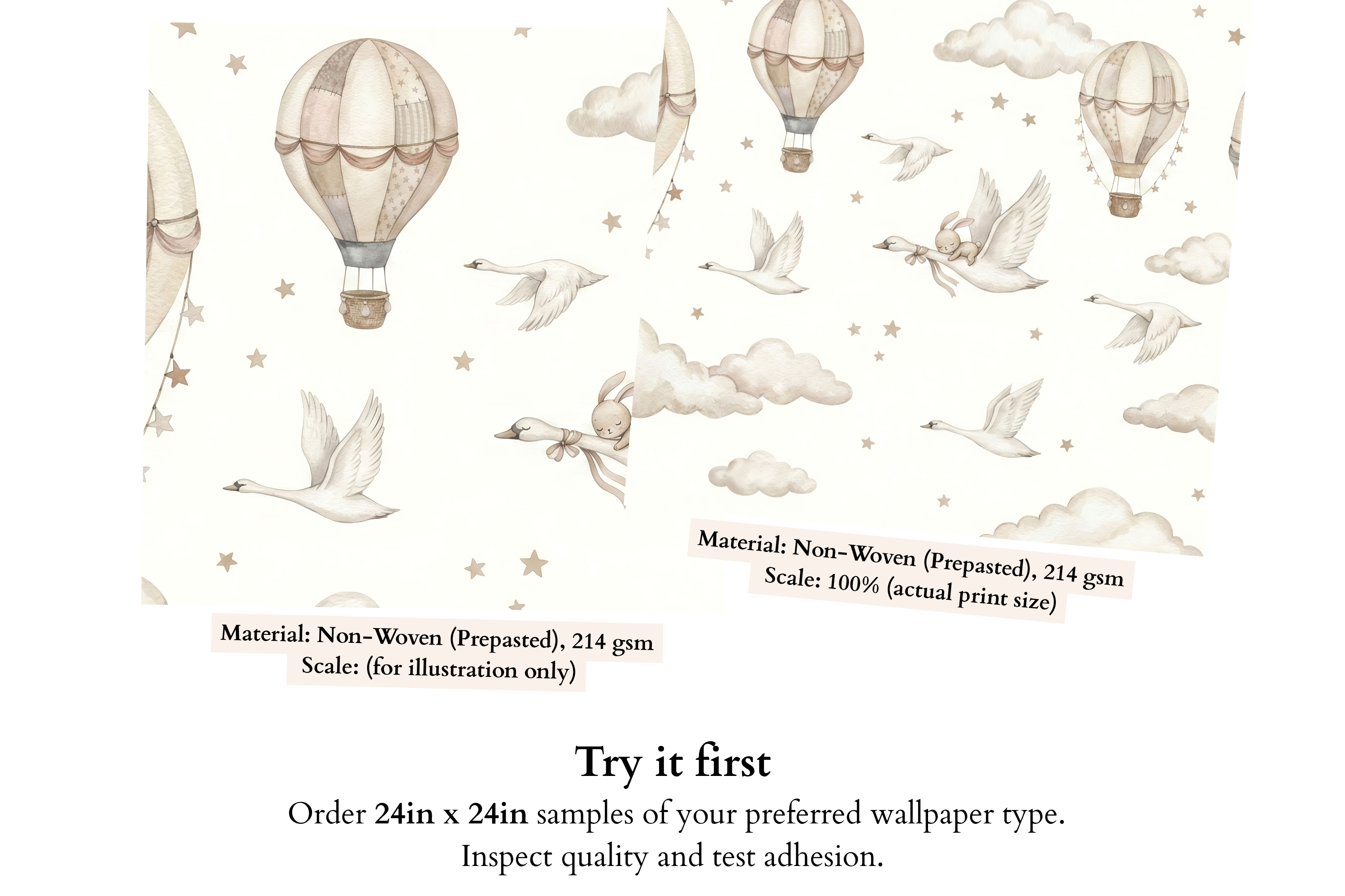 Neutral Nursery Wall Mural Swan Hot Air Balloon Bunny Watercolour Peel and Stick Wallpaper for Baby Room