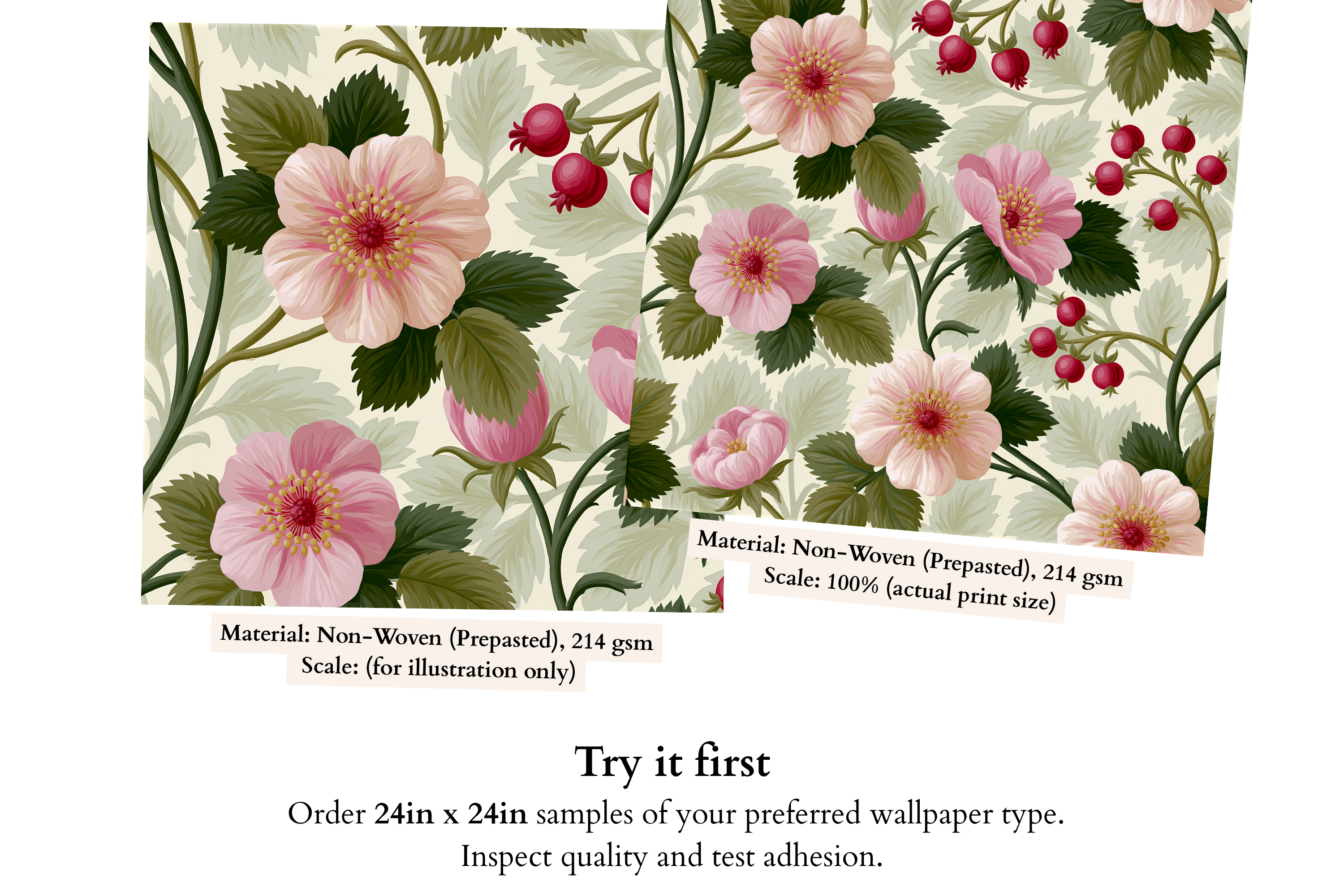 Close-up detail of painted blush wild rose bloom with golden stamens and ruby red rose hip berries on vintage Arts and Crafts botanical wallpaper — high-definition fade-resistant print by WallpaperPixi