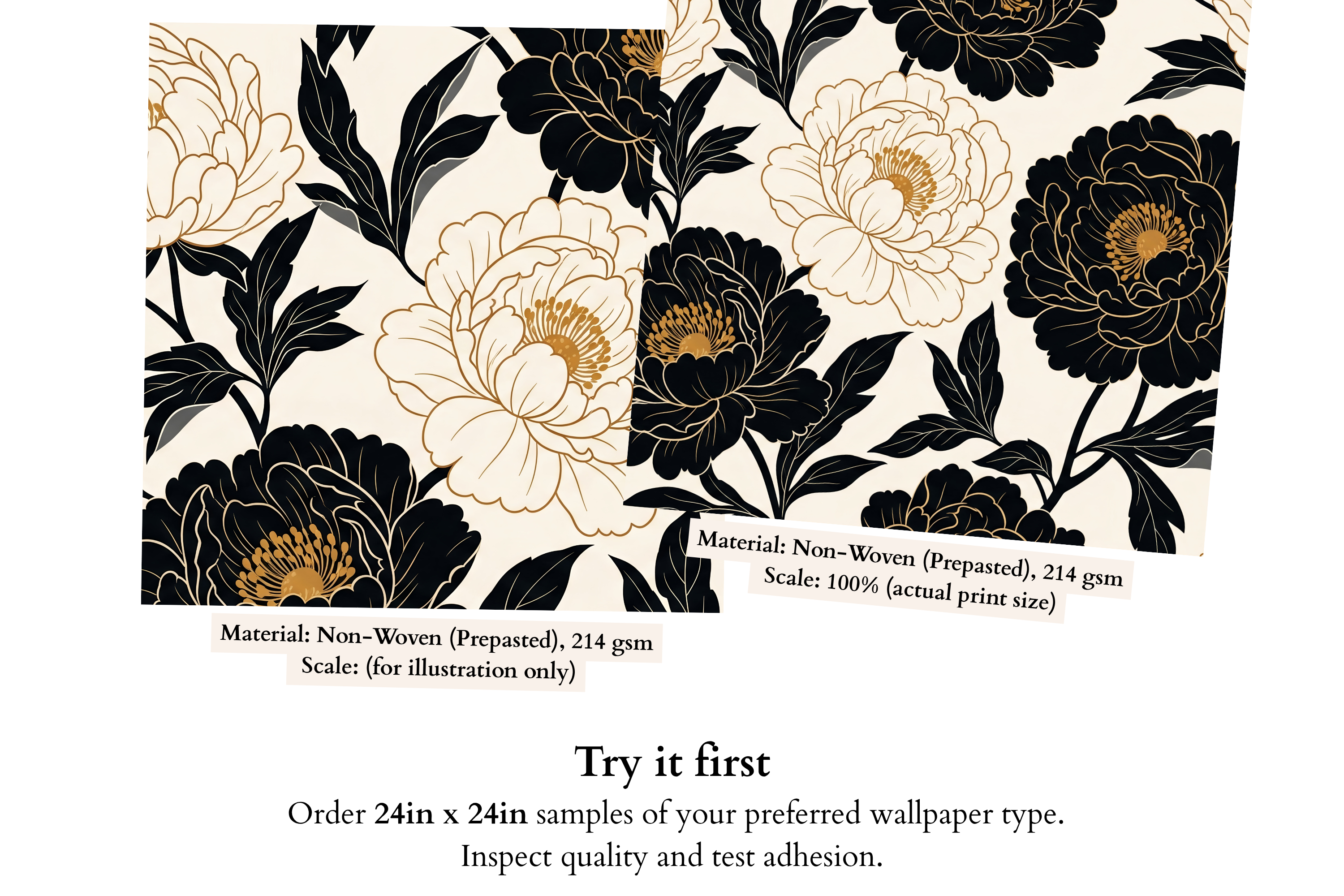 Black and Gold Peony Wallpaper Mural | Art Deco Floral Peel and Stick Luxury Statement Wallpaper