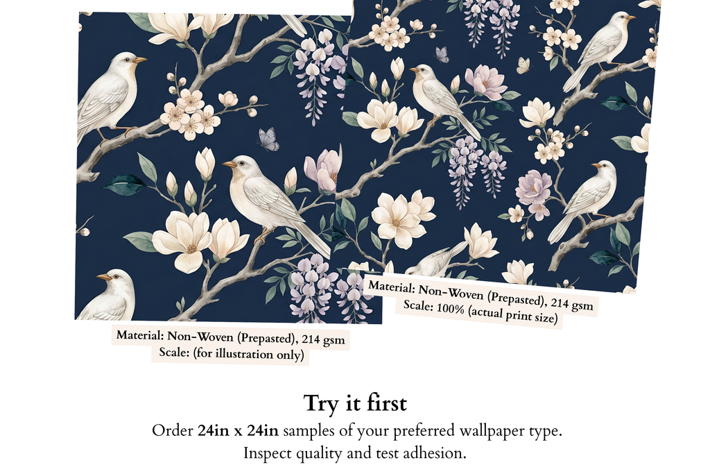 Navy Chinoiserie Wallpaper White Birds Magnolia Floral Peel and Stick