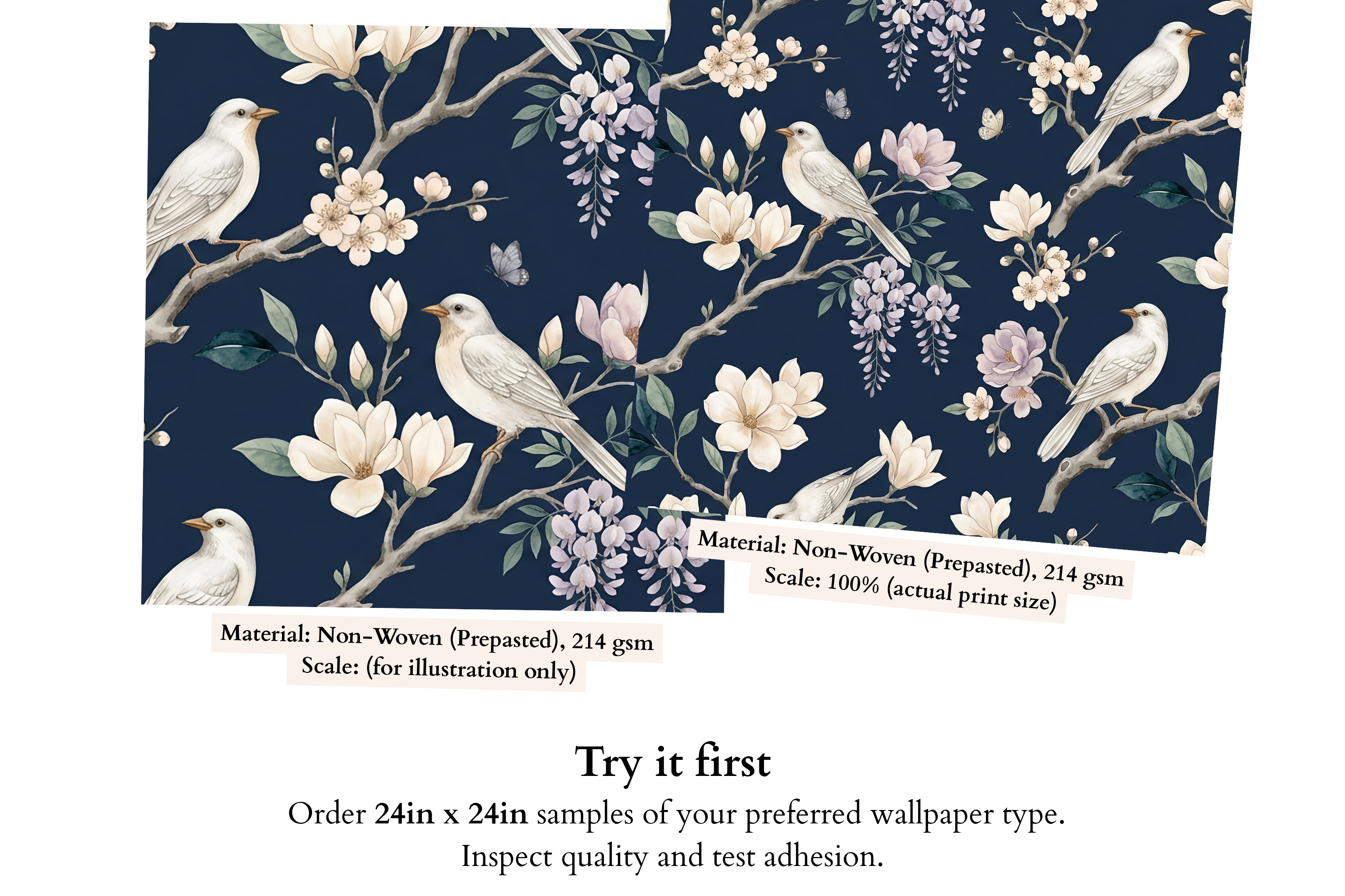 Navy Chinoiserie Wallpaper White Birds Magnolia Floral Peel and Stick