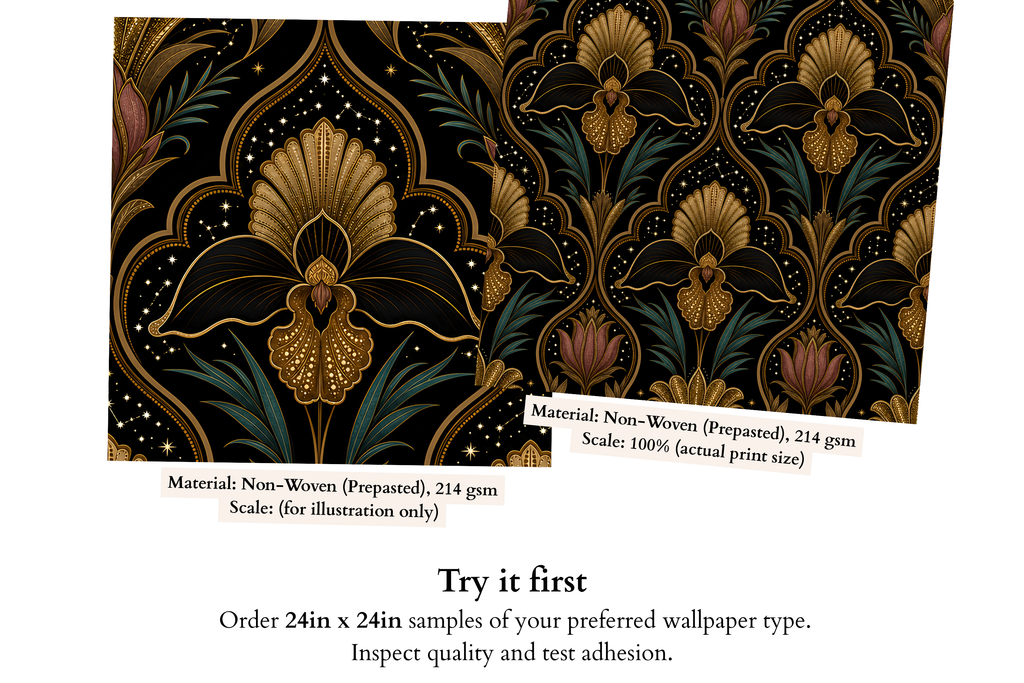 Dark Moody Wallpaper Art Deco Celestial Damask with Gold Floral & Stars for Bedroom and Living Room