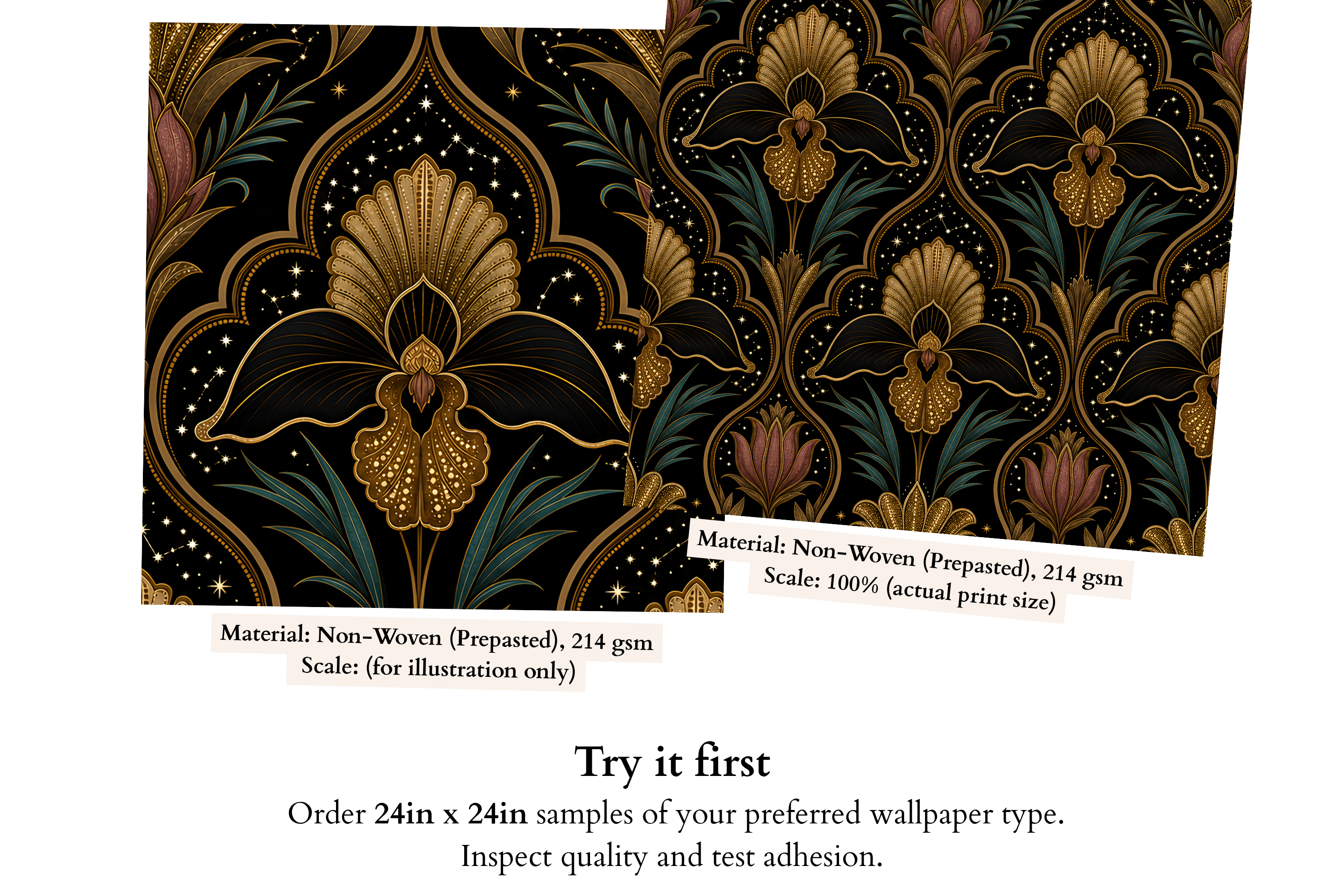 Dark Moody Wallpaper Art Deco Celestial Damask with Gold Floral & Stars for Bedroom and Living Room