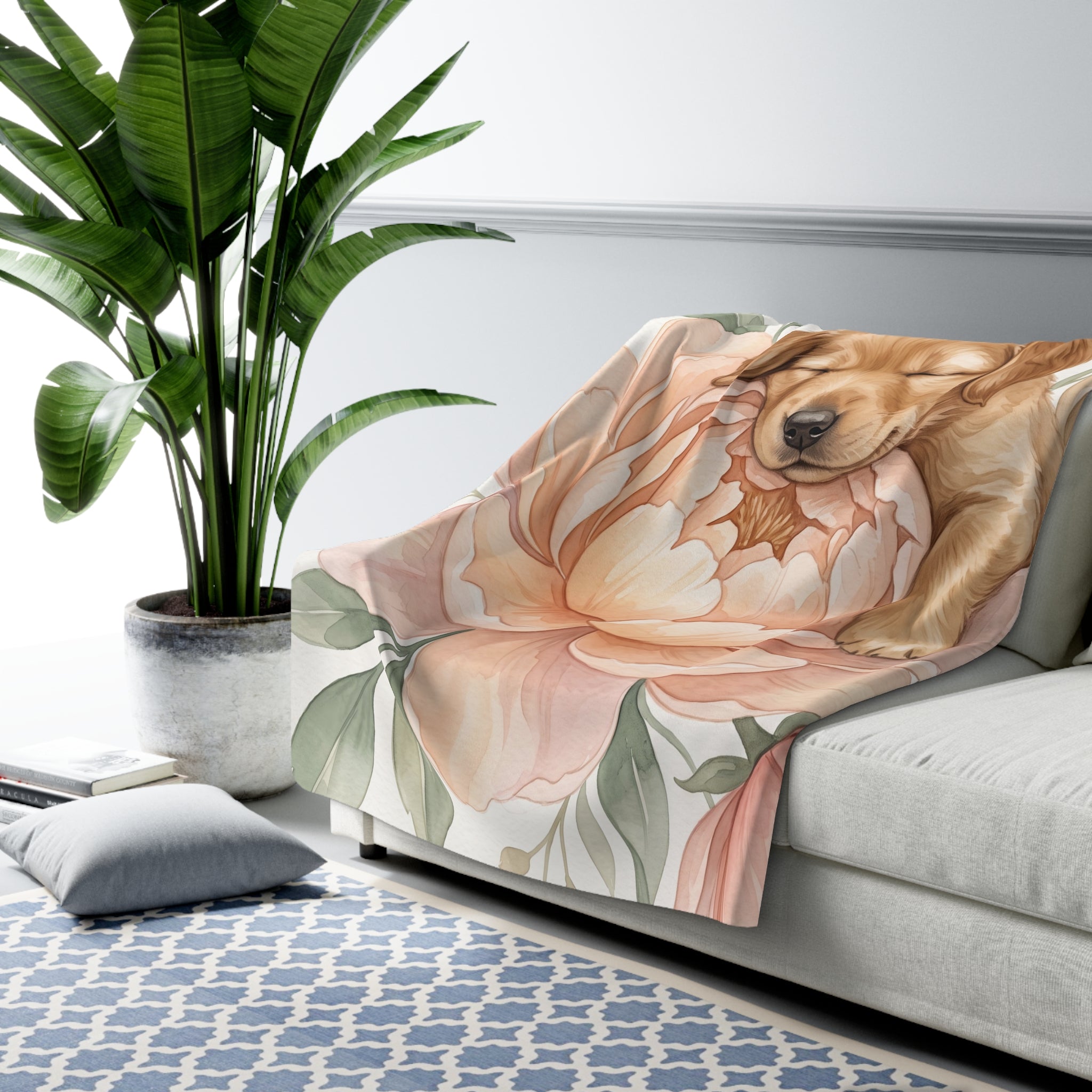Watercolor Sleeping Puppy & Peony Sherpa Fleece Blanket Floral Cozy Throw