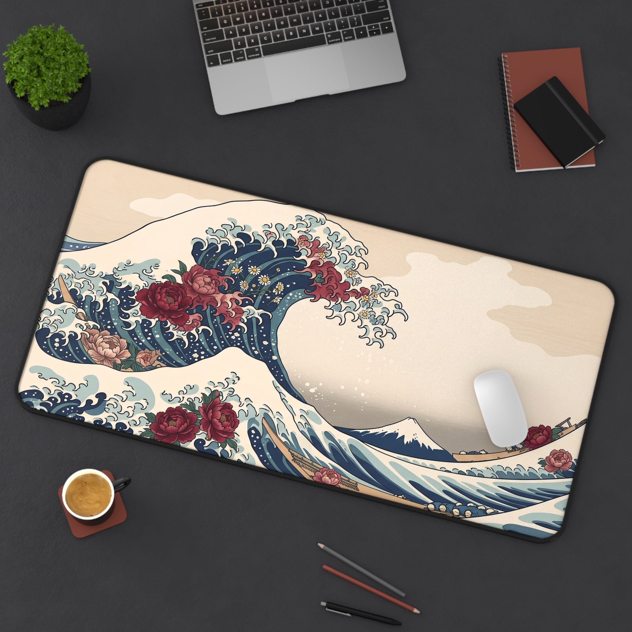 Floral Great Wave Desk Mat Botanical Kanagawa Ukiyo-e Art Aesthetic Pad