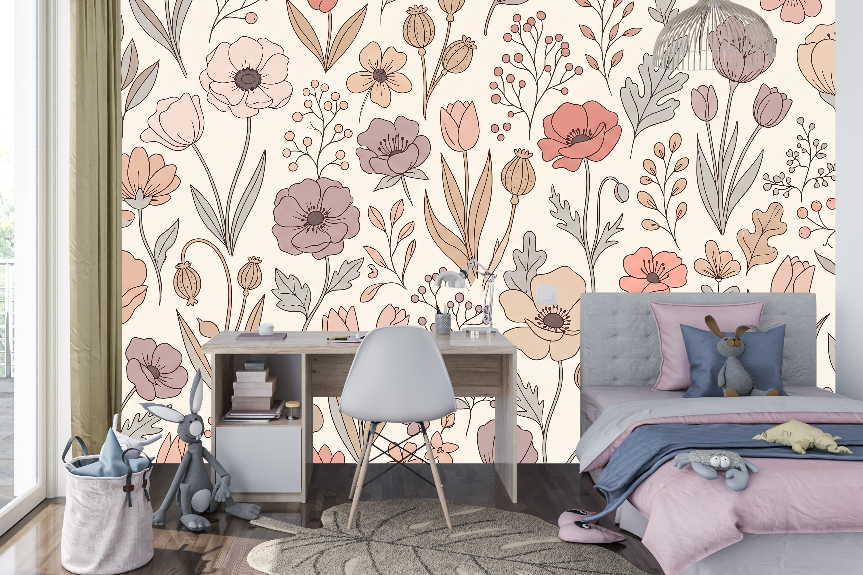 Retro poppy and tulip botanical wall mural creating a cheerful home office