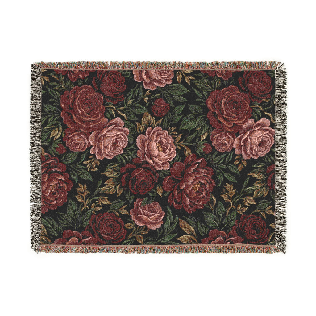 Vintage Moody Floral Woven Throw Blanket Dark Botanical Rose Tapestry