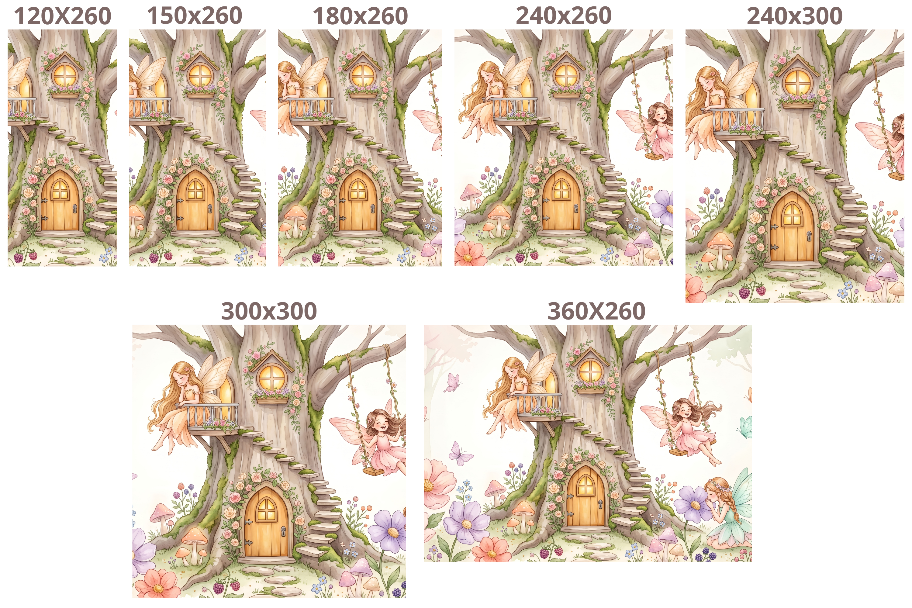 Fairy Swing Tree House Wall Mural | Whimsical Watercolour Nursery Design