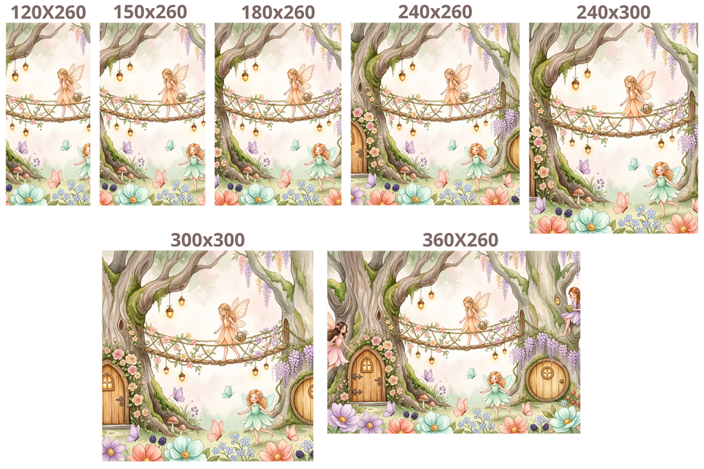 Fairy Treehouse Village Wall Mural | Enchanted Forest Bridge Nursery Watercolour