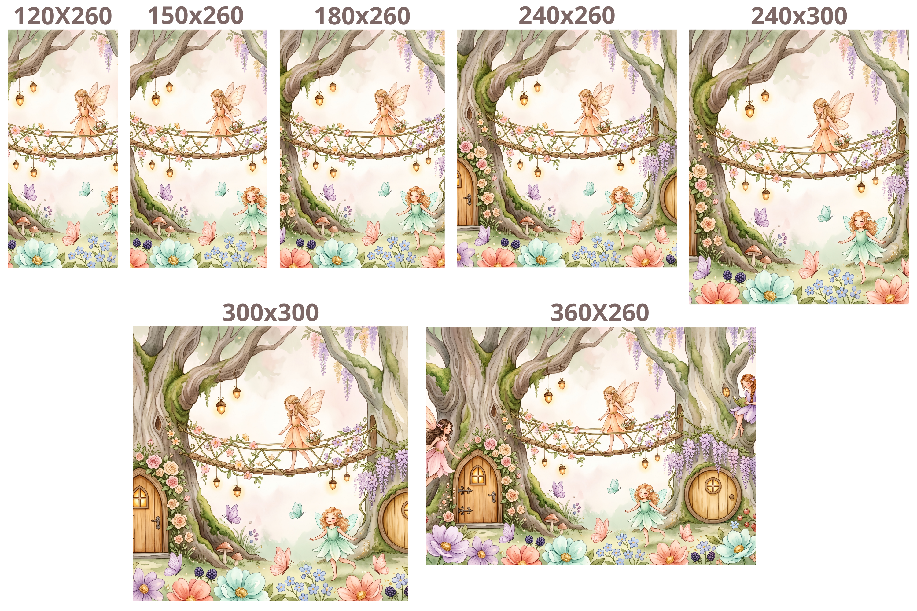 Fairy Treehouse Village Wall Mural | Enchanted Forest Bridge Nursery Watercolour