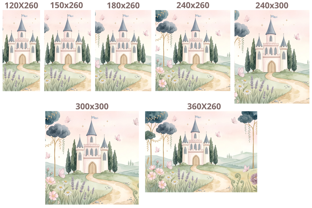 Fairytale Castle Watercolour Wall Mural | Soft Princess Nursery Landscape Design