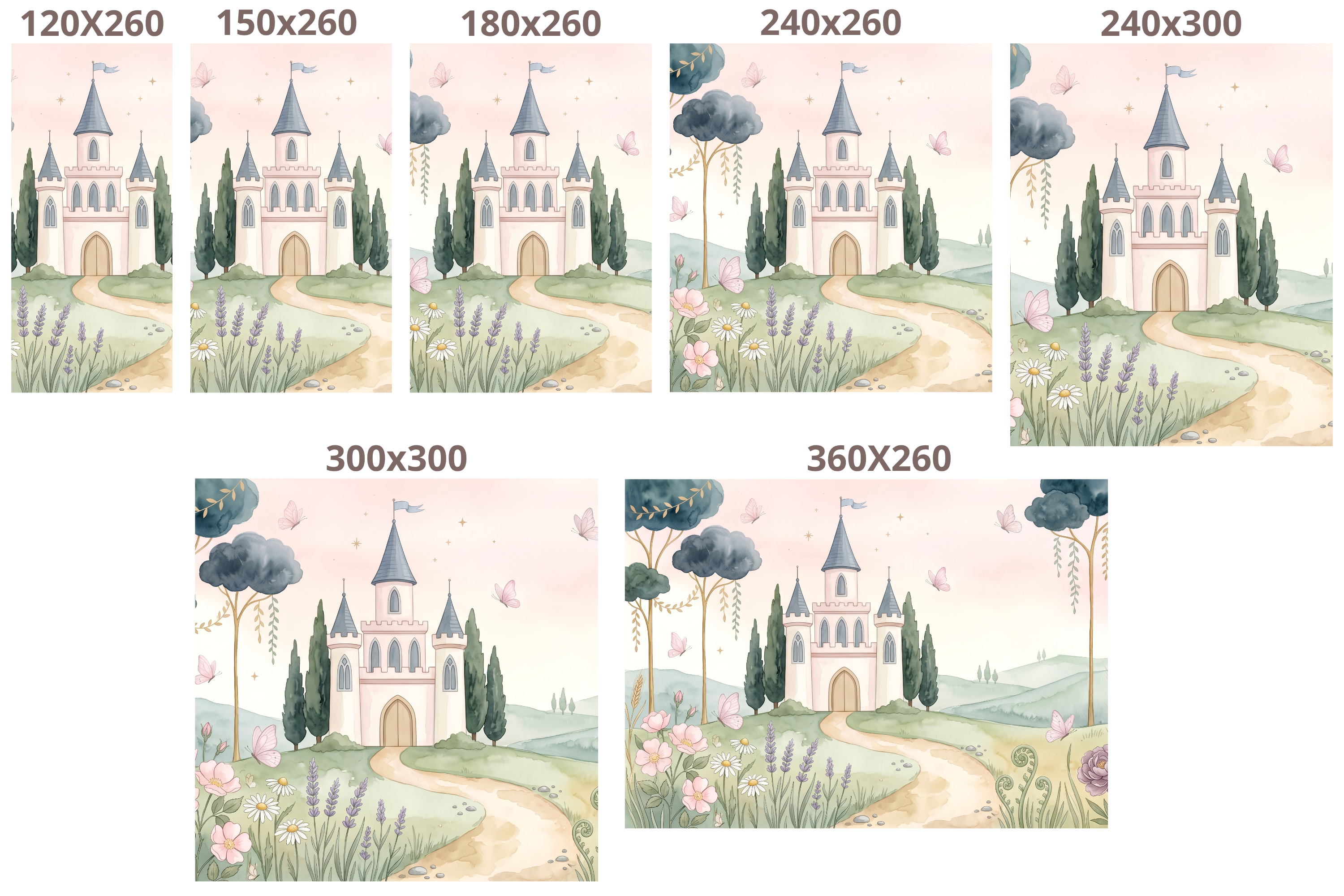 Fairytale Castle Watercolour Wall Mural | Soft Princess Nursery Landscape Design