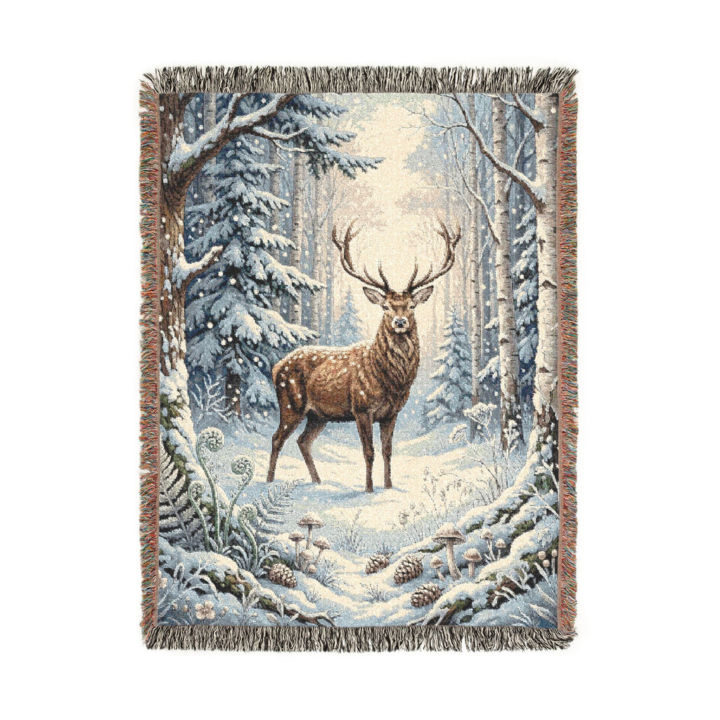 Winter Woodland Stag Woven Throw Blanket Rustic Snow Scene Tapestry