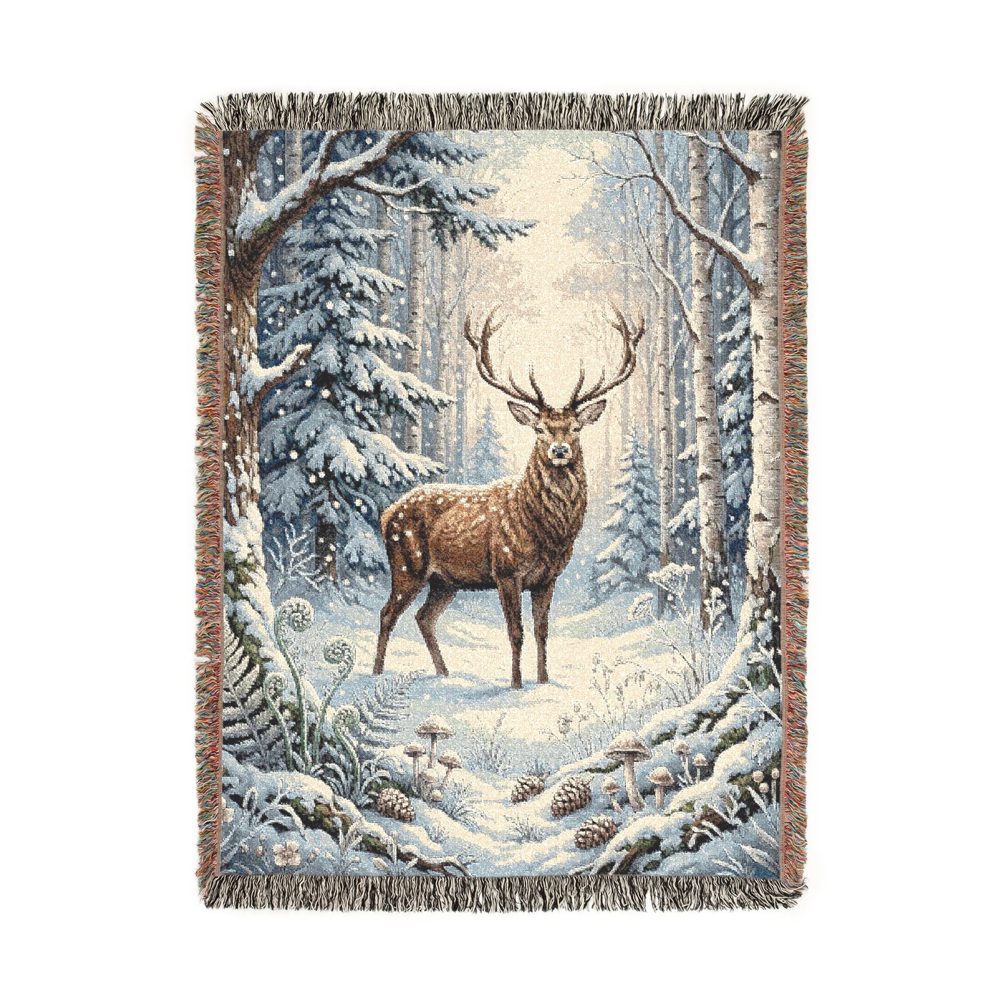 Winter Woodland Stag Woven Throw Blanket Rustic Snow Scene Tapestry