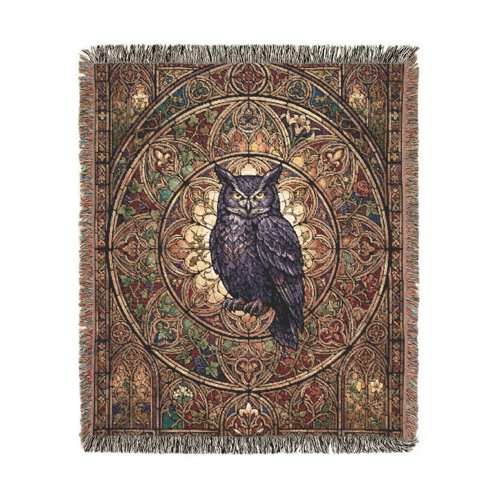 Gothic Owl Stained Glass Woven Throw Blanket Mystical Cathedral Tapestry