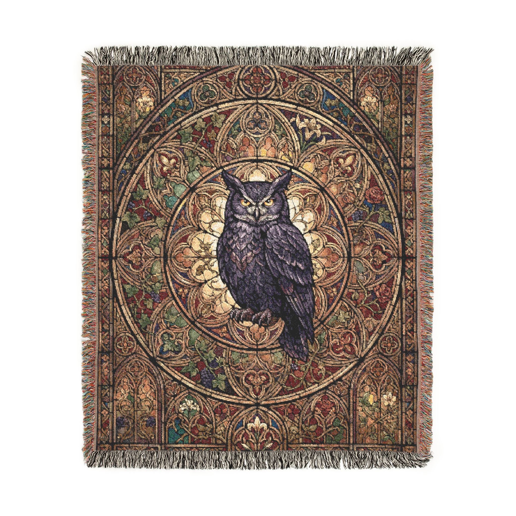 Gothic Owl Stained Glass Woven Throw Blanket Mystical Cathedral Tapestry