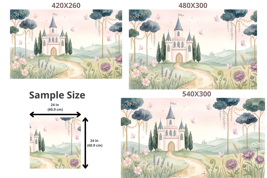Fairytale Castle Watercolour Wall Mural | Soft Princess Nursery Landscape Design