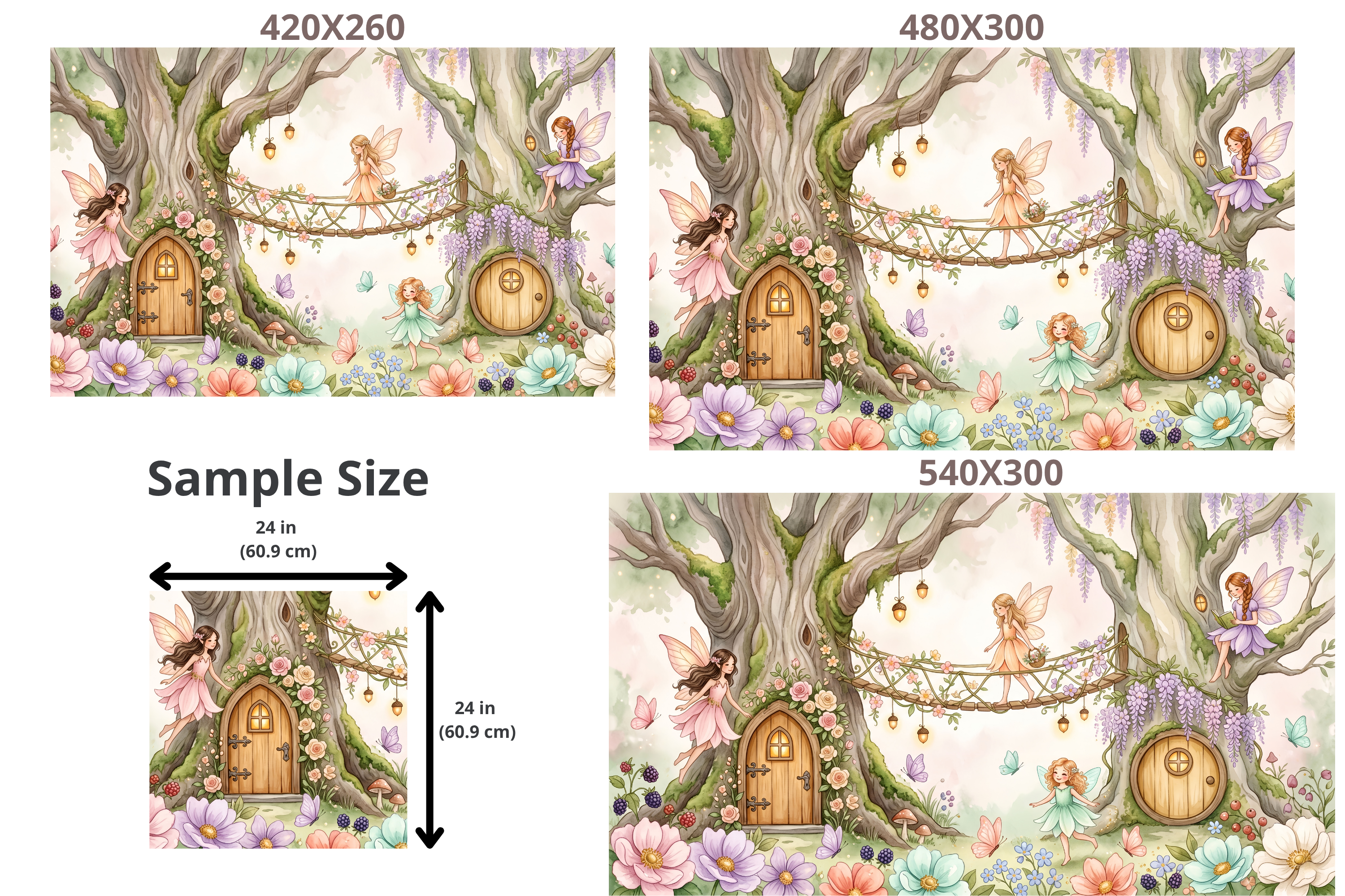 Fairy Treehouse Village Wall Mural | Enchanted Forest Bridge Nursery Watercolour