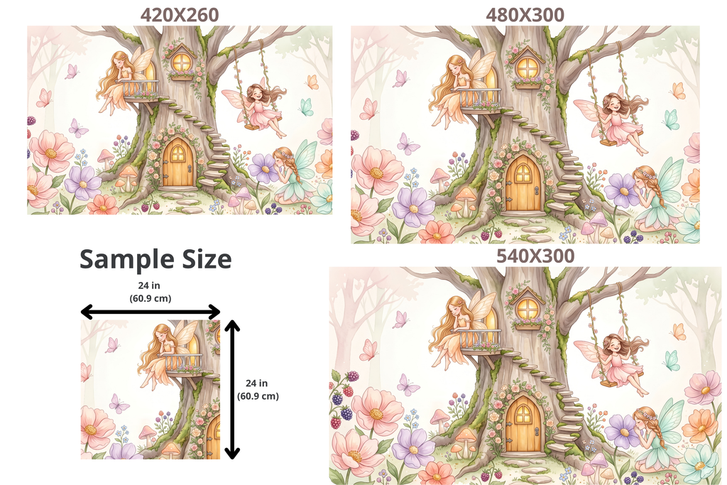 Fairy Swing Tree House Wall Mural | Whimsical Watercolour Nursery Design