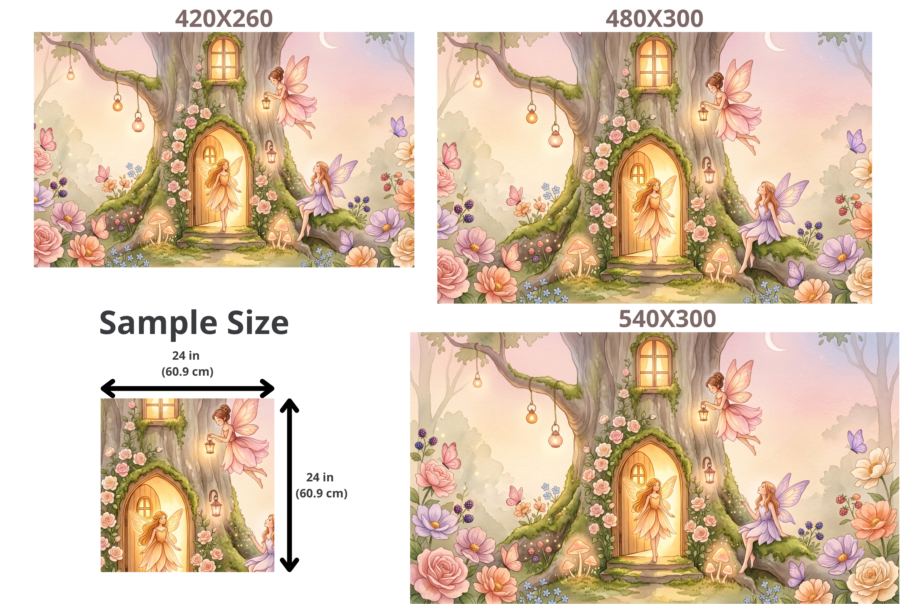 Fairy Door Tree House Wall Mural | Enchanted Rose Garden Nursery Watercolour