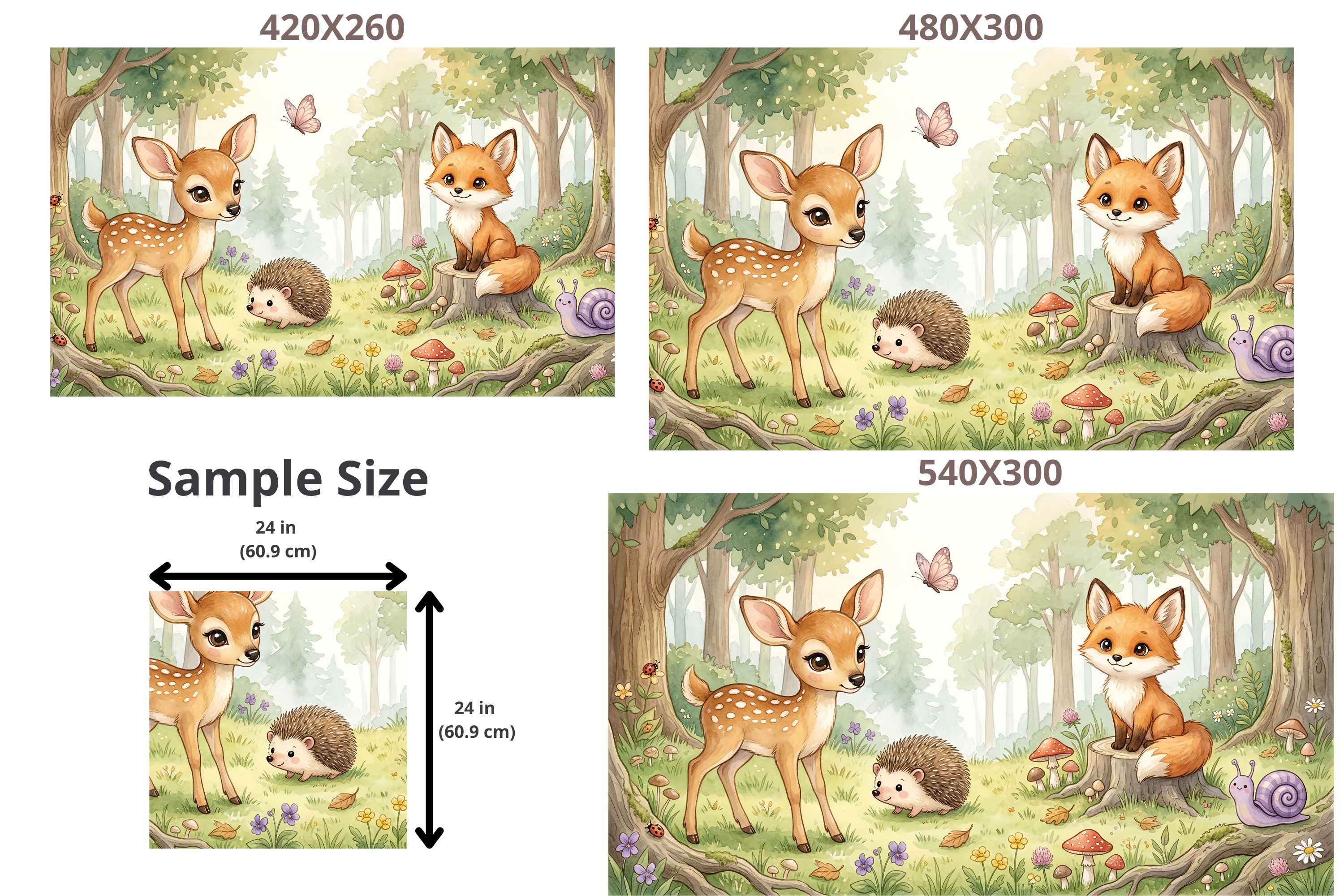 Woodland Animals Wall Mural | Watercolour Deer Fox Hedgehog Nursery Design