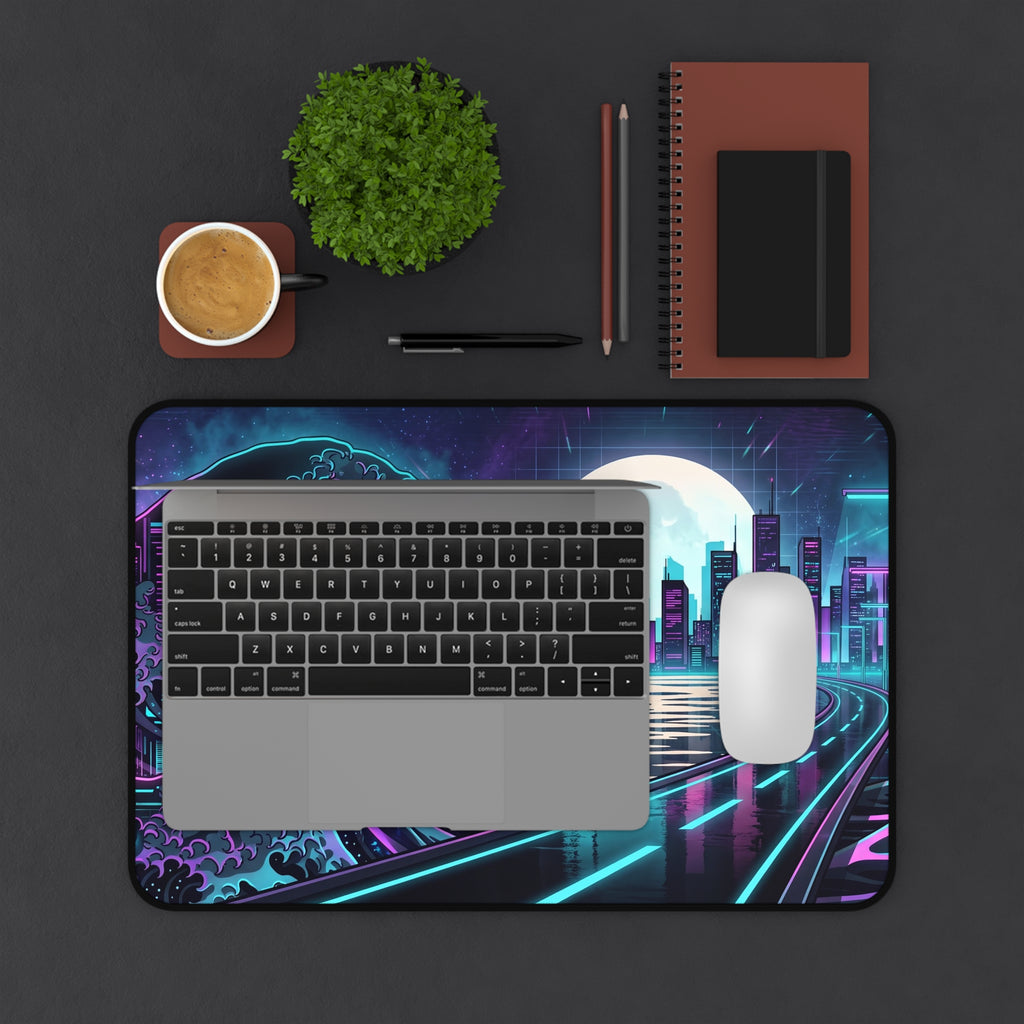 Neon Synthwave Great Wave Desk Mat Cyberpunk Cityscape Gaming Pad
