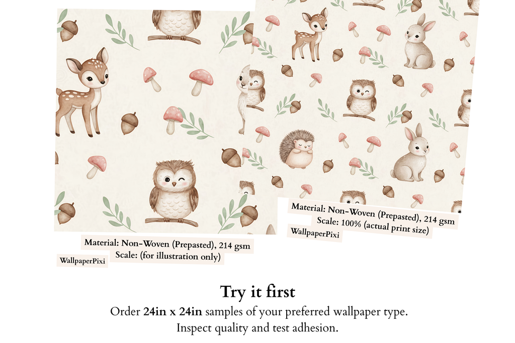 Close-up of nursery wallpaper showing bunny, owl, hedgehog, mushrooms, and delicate sage leaf sprigs in soft neutral tones