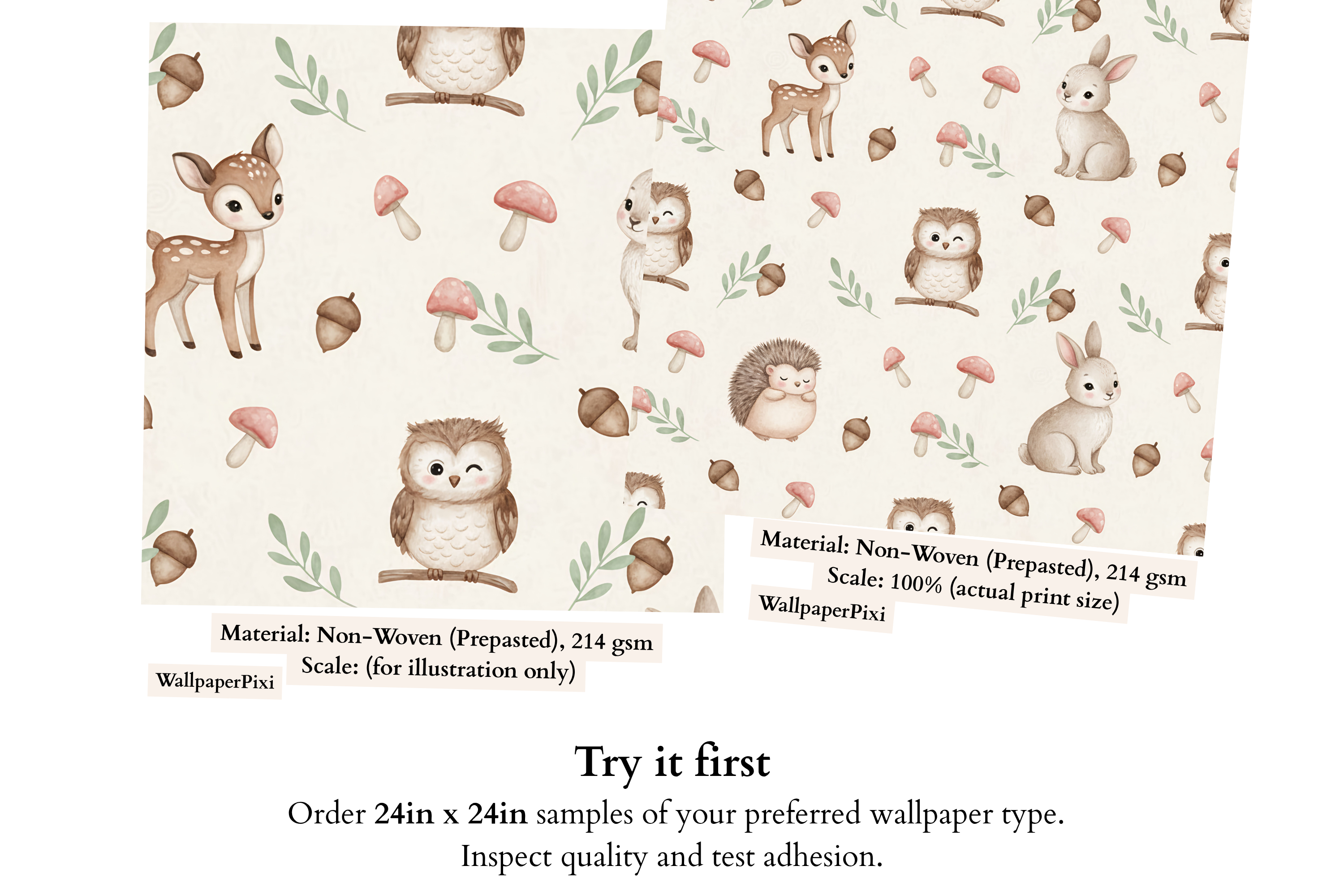 Close-up of nursery wallpaper showing bunny, owl, hedgehog, mushrooms, and delicate sage leaf sprigs in soft neutral tones