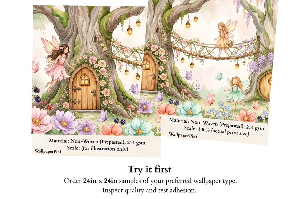 Fairy Treehouse Village Wall Mural | Enchanted Forest Bridge Nursery Watercolour