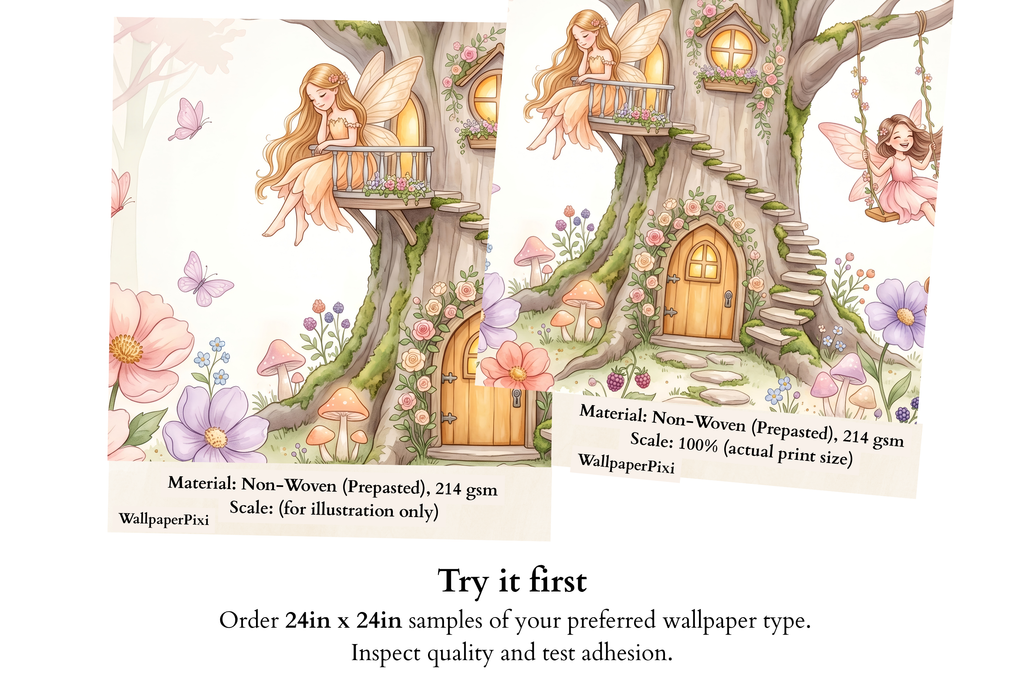 Fairy Swing Tree House Wall Mural | Whimsical Watercolour Nursery Design