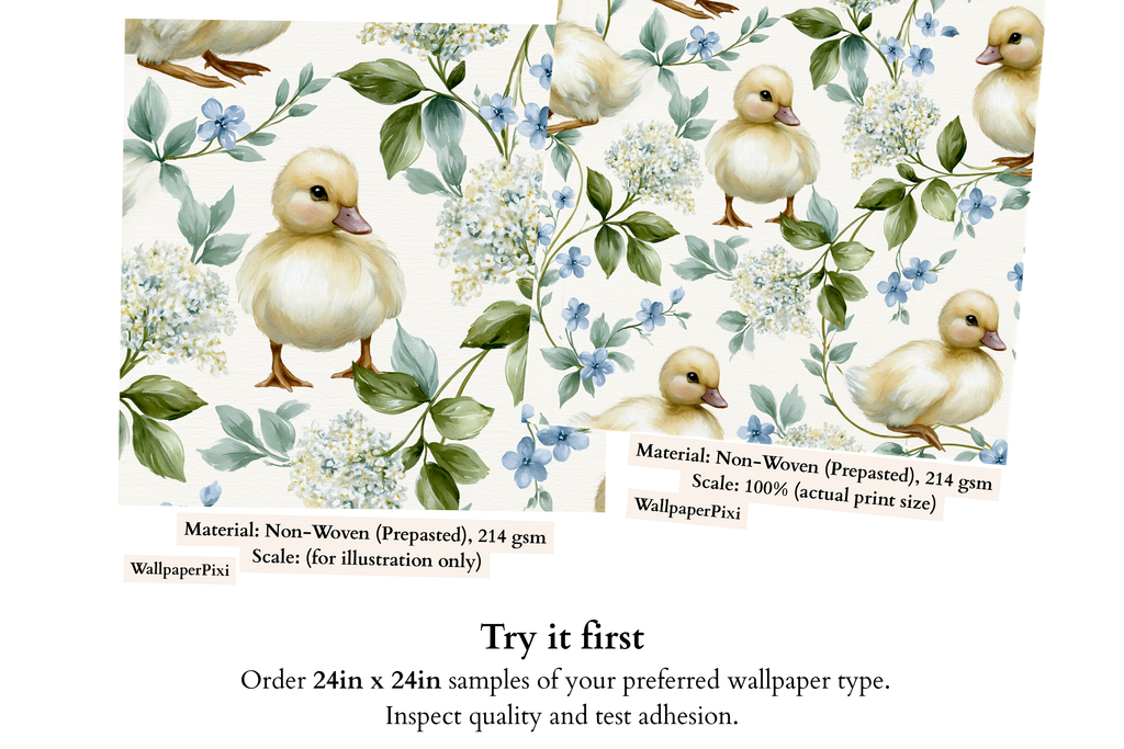 Close-up detail of fluffy watercolour baby duckling with periwinkle forget-me-not flowers and white hydrangea cluster on ivory nursery wallpaper — high-definition fade-resistant print by WallpaperPixi