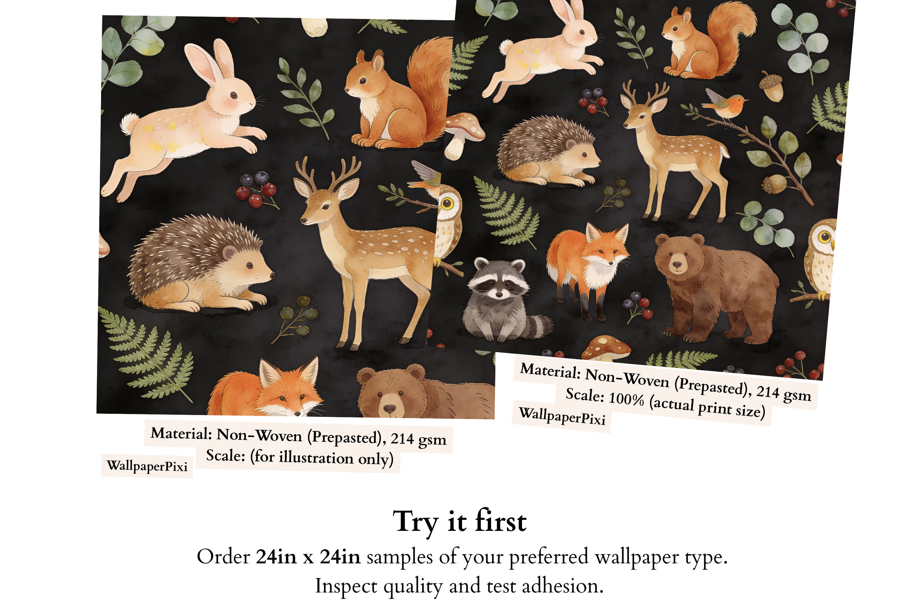 Close-up of woodland nursery wallpaper showing illustrated fox, deer, berries, mushrooms, and soft leafy details