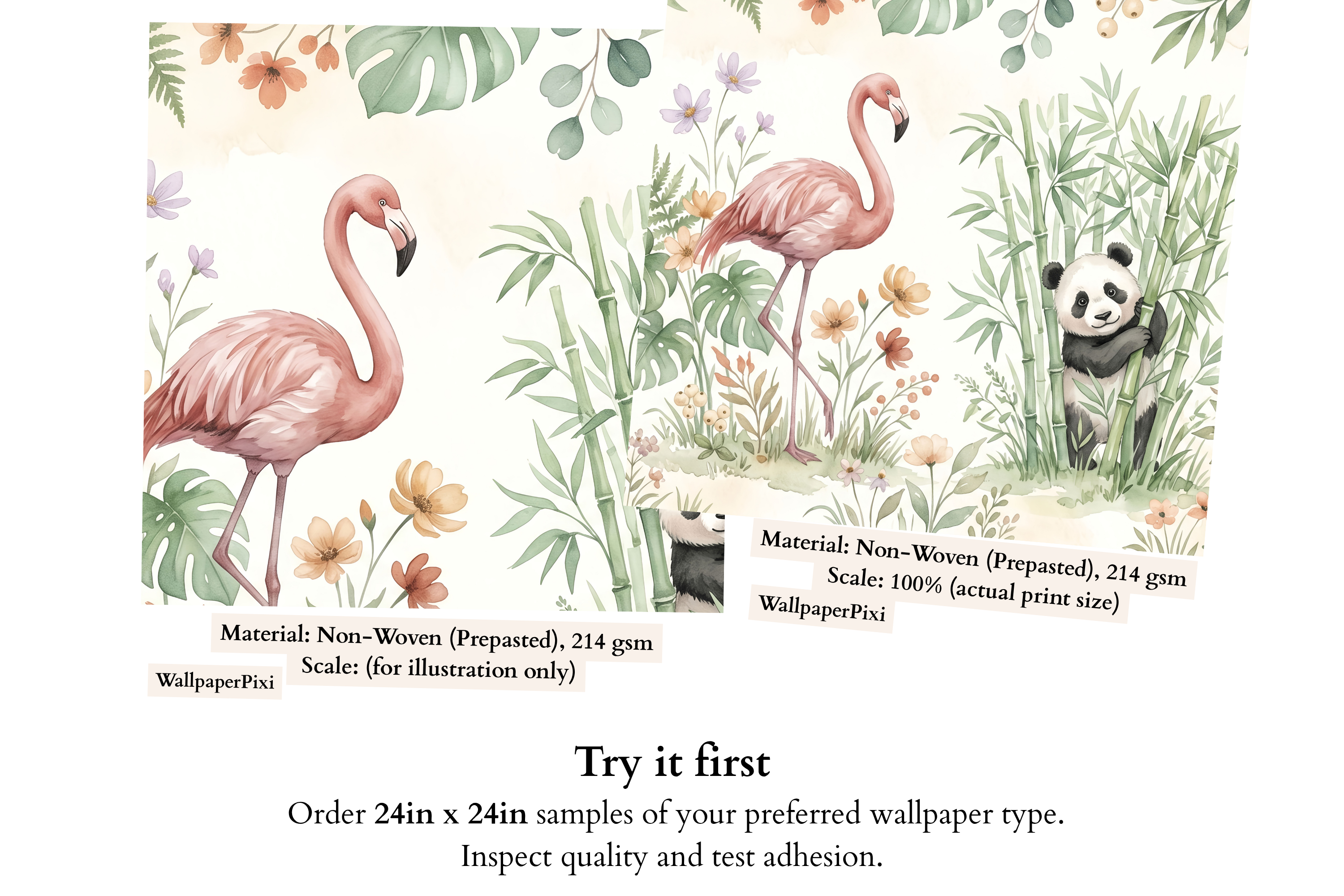 Close-up detail of watercolour pink flamingo among monstera fronds and peach wildflowers on soft ivory nursery wall mural — high-definition fade-resistant print by WallpaperPixi