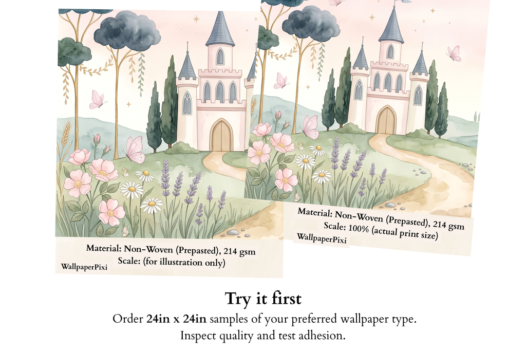 Fairytale Castle Watercolour Wall Mural | Soft Princess Nursery Landscape Design