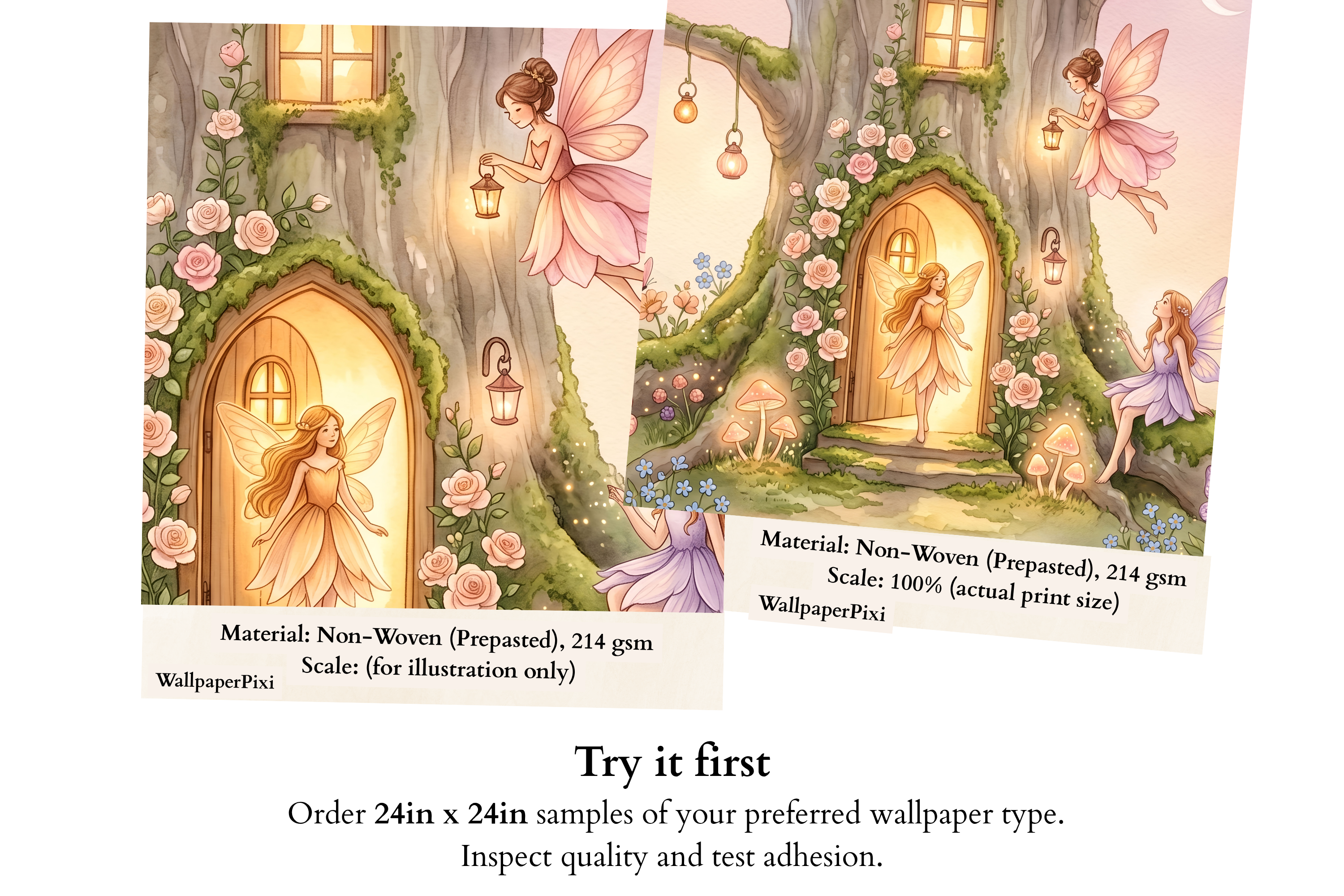 Fairy Door Tree House Wall Mural | Enchanted Rose Garden Nursery Watercolour
