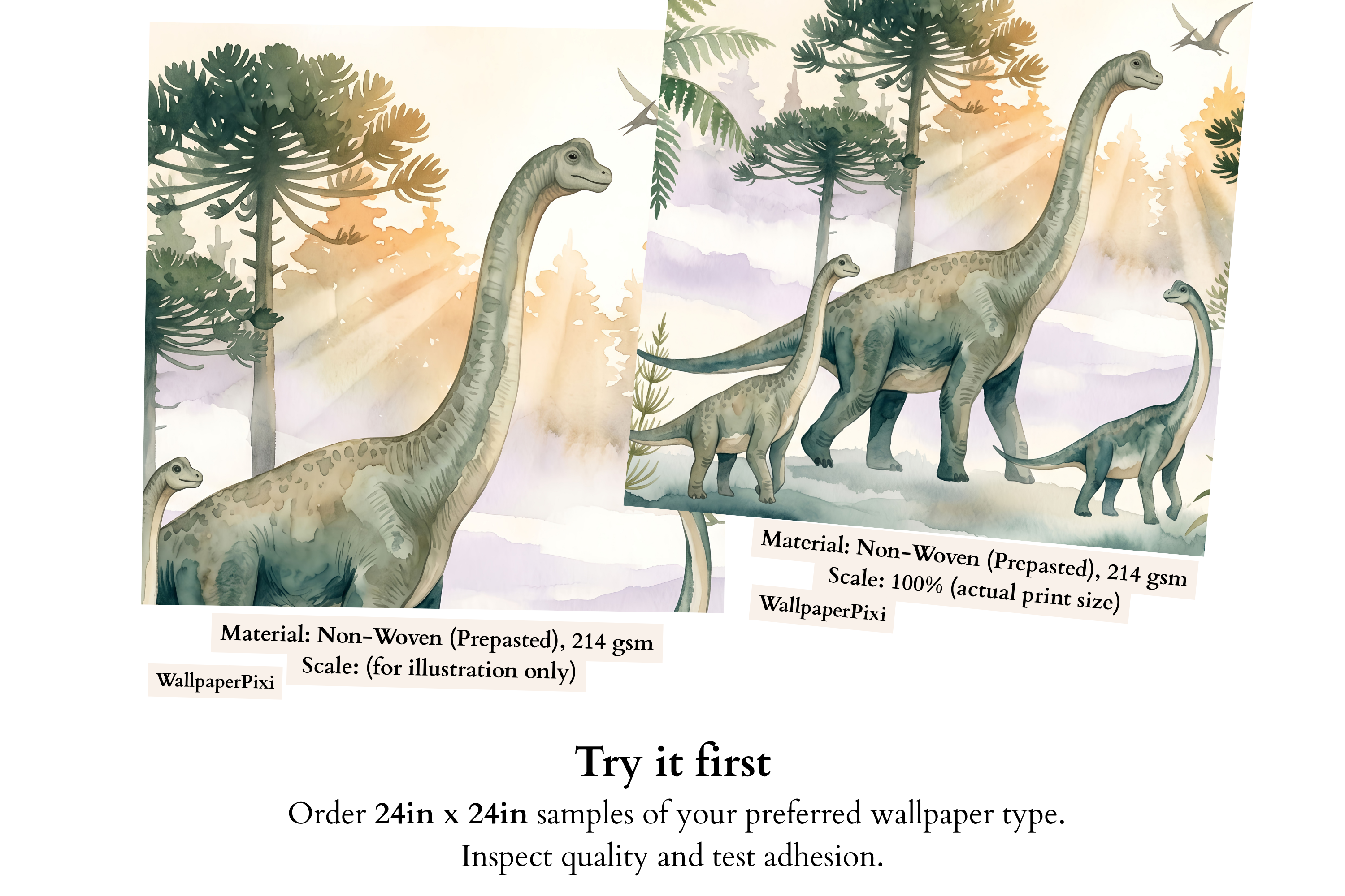 Close-up detail of watercolour brachiosaurus dinosaur among prehistoric tree ferns and araucaria conifers with golden ginkgo leaves on soft ivory nursery wall mural — high-definition fade-resistant print by WallpaperPixi